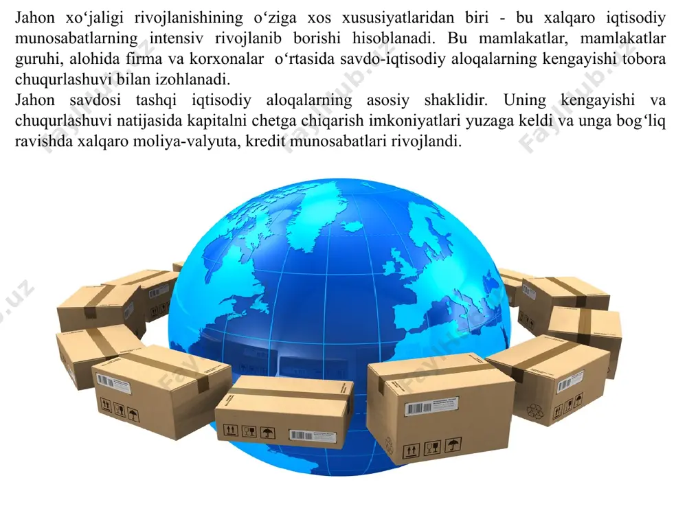 iy qisqarilishi tufayli xalq farovonligi pasayadi d milliy farovonligining sof yo’qotishlari himoya tarifining darajasi tarifning kiritilishi nafaqat mazkur masulot ishlab chiqaradigan tarmoqni himoya qiladi, balki ushbu tarmoqni resurslar bilan ta’minlaydigan tarmoqlarni ham himoya qiladi himoya tarifning nominal va haqiqiy darajalari ajratiladi himoya tarifning haqiqiy darajasi – butun bir tarif tizimining faoliyati natijasida tarmoqda yaratilgan masulot birligining qo’shimcha qiymati qanchaga oshganligini ko’rsatadi. tr = δwa/wa tr – himoya qiladigan tarifning haqiqiy darajasi δwa – tarif tizimining faoliyati natijasida masulot birligiga qo’shimcha qiymatining o’zgarishi wa – tarif kiritishdan oldin masulot birligiga qo’shimcha qiymat savdo siyosatining boshqa to’siqlari eksport subsidiyalari eksportni rag’batlantirish uchun davlat tomonidan milliy ishlab chiqaruvchilarga subsidiyalar, shu jumladan imtiyozlarni berish demping bozorda o’z ta’sir doirasini kengaytirish va raqiblarni yo’qotish maqsadida masulotni tannarxidan past narxlarda sotish narx diskriminatsiyasi ishlab chiqarish hajmini oshirish va bozorda o’z ta’sir doirasini kengaytirish maqsadida ishlab chiqaruvi tomonidan o’z masulotiga har xil narxlarni qo’yish (masalan, ichki bozorda …
