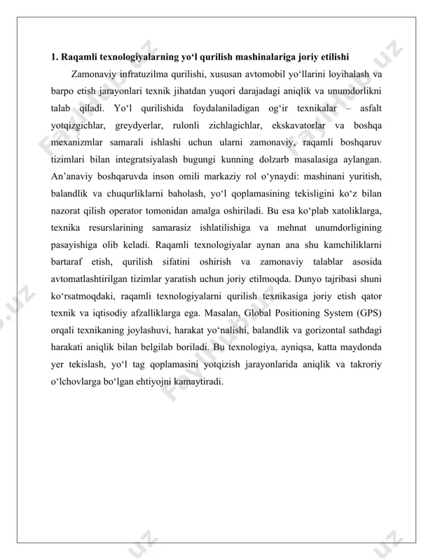 lar asosida aniq boshqariladi . shuningdek, iot (internet of things) texnologiyasi qurilish texnikasi, qurilma va vositalarni internet tarmog‘i orqali o‘zaro bog‘laydi. har bir texnik vosita o‘zining holati, harorat, yuklama, texnik ko‘rsatkichlarini markaziy tizimga uzatadi. masalan, ekskavatorning harakat mexanizmi ortiqcha yuklama olgan holat aniqlansa, bu operator yoki markaziy boshqaruv orqali real vaqt rejimida kuzatiladi va oldi olinadi. raqamli boshqaruvning yana bir asosiy yo‘nalishi bu avtomatlashtirilgan boshqaruv tizimlaridir. bu yerda scada (supervisory control and data acquisition), plc (programmable logic controller) kabi dasturiy modullar vositasida mashina harakatini oldindan belgilangan algoritm asosida avtomatik boshqarish imkoniyati yaratiladi. masalan, yo‘l tekislovchi greydyer qurilish maydoniga kiritilganda, u kompyuter dasturi orqali oldindan yuklangan loyihaviy profil asosida ishlaydi, natijada inson ishtirokisiz aniqlik ta’minlanadi. bunday texnologik tizimlar “trimble earthworks”, “topcon 3d-mc”, “leica icon site” kabi platformalar orqali boshqariladi. bu platformalar qurilish texnikasiga o‘rnatiladi va 3d formatdagi loyihani real holat bilan uyg‘unlashtirish imkonini beradi. sensor va dasturiy ta’minot yordamida texnika harakati …