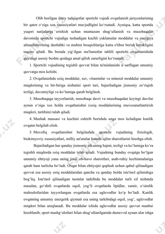 k mahsulotlaridan tayyorlangan ovqatlarda esa uglevodlar ko‘p bo‘ladi. kunlik ovqatning umumiy energetik qiymati esa uning tarkibidagi oqsil, yog‘, uglevodlar miqdori bilan aniqlanadi. bu moddalar ichida uglevodlar asosiy quvvat manbai hisoblanib, sport mashg‘ulotlari bilan shug‘ullanilganida dastavval aynan ular ishga tushadi. yog‘ va oqsillar bu borada ikkinchi va uchinchi darajalidir, ularning quvvat hosil bo‘lishi uchun sarflanishi ko‘pincha favqulodda holat tug‘ilganidagina sodir bo‘ladi. bulardan tashqari, jismoniy faoliyat uchun quvvat bermasada, me'yoriy fiziologik va biokimyoviy jarayonlarning borishi uchun vitaminlar hamda mineral moddalar ham kerak. bu moddalarga bo‘lgan talab doim bir xil bo‘lmasdan bajariladigan ishning xususiyatlariga qarab o‘zgarib turadi. shunday ekan, turli sport turlari bilan shug‘ullanishda iste'mol qilinadigan ovqatning hajmi, tarkibida ular bilan qabul qilingan quvvat miqdorini bilish muhim amaliy va nazariy ahamiyatga ega masaladir. 35-37-jadvallarda har xil sport turlari bilan shug‘ullanganda iste'mol qilinadigan me'yoriy ovqatning energetik qiymati va ba'zi vitaminlarga talab miqdori keltirilgan: 37-jadval ayrim sport turlariga ko‘ra qabul qilinishi lozim bo‘lgan kunlik ovqatning …