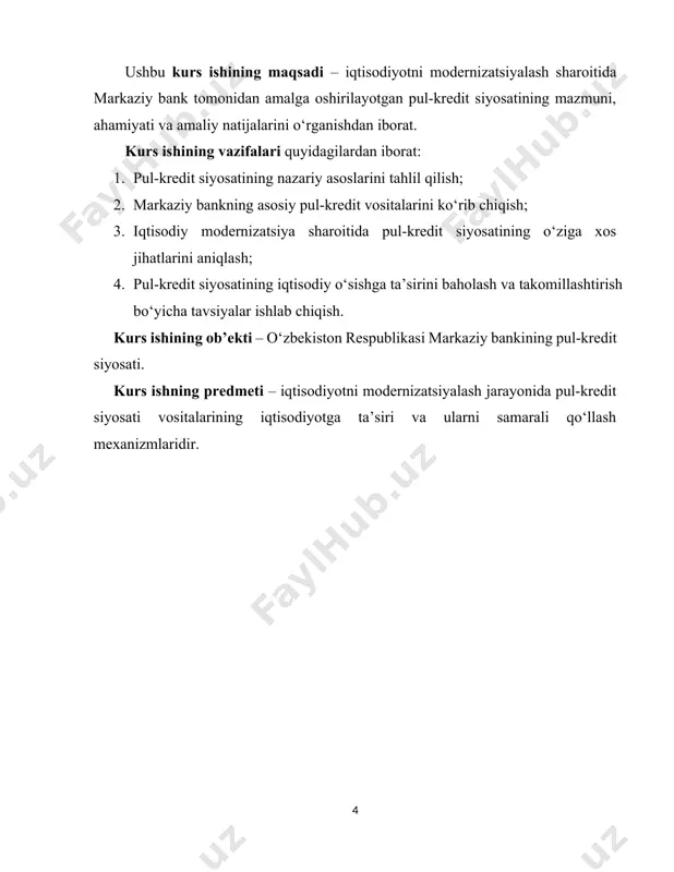 vidlik kiritish orqali amalga oshiriladi. restriktiv (qattiq) siyosat – inflyatsiyani jilovlash va ortiqcha pul massasini kamaytirish maqsadida foiz stavkalarini oshirish va kreditlash hajmini cheklash bilan amalga oshiriladi. 1-rasm. pul – kredit siyosatining asosiy maqsadlari[footnoteref:1] [1: muallif tomonidan ishlangan] pul-kredit siyosati markaziy bankning qayta moliyalash stavkasi, majburiy zaxira me’yorlari, ochiq bozor operatsiyalari kabi vositalari orqali amalga oshiriladi. ushbu vositalar yordamida iqtisodiyotga bo‘lgan likvidlik darajasi tartibga solinadi, shuningdek, tijorat banklarining kredit siyosatiga ta’sir ko‘rsatiladi. “o‘zbekiston respublikasi markaziy banki to‘g‘risida”gi qonunga muvofiq, pul-kredit siyosatini ishlab chiqish va amalga oshirish markaziy bankning asosiy vazifalaridan biri hisoblanadi. markaziy bank pul-kredit siyosatini narxlar barqarorligini ta’minlash maqsadidan kelib chiqqan holda ishlab chiqadi va amalga oshiradi. narxlar barqarorligi past va barqaror inflyatsiya darajasini anglatadi. o‘zbekiston respublikasi prezidentining pf-5877-sonli “inflyatsion targetlash rejimiga bosqichma-bosqich o‘tish orqali pul-kredit siyosatini takomillashtirish to‘g‘risida”gi farmoniga asosan inflyatsiya bo‘yicha doimiy maqsad (target) 5 foiz etib belgilangan va ushbu maqsadga erishish vazifasi markaziy bank zimmasiga yuklatilgan. …