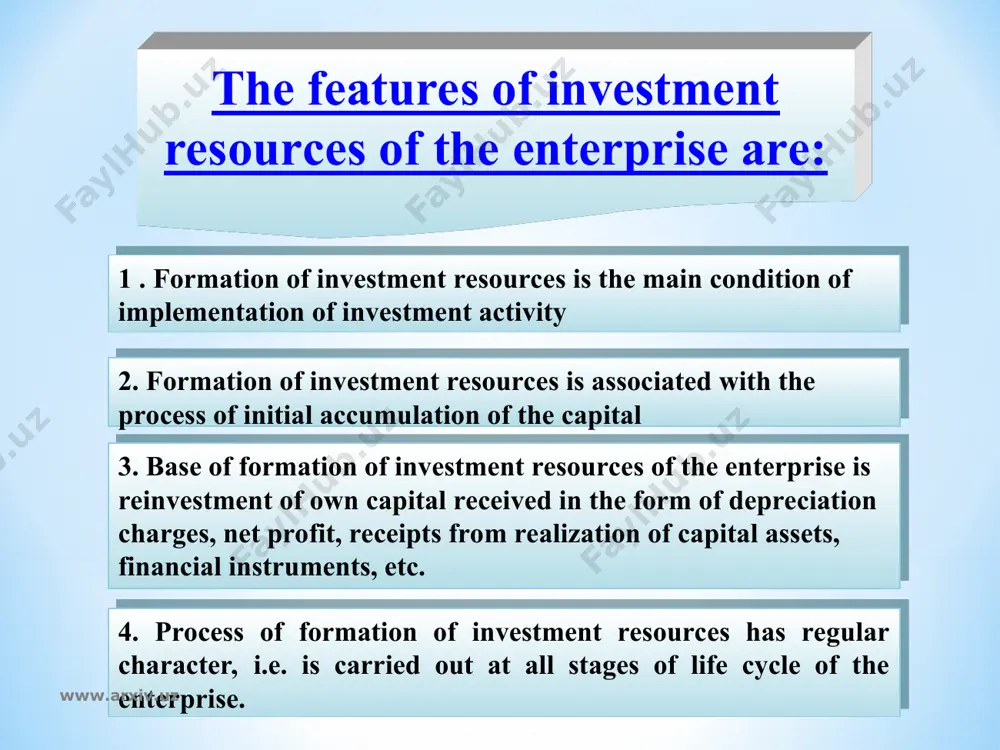 ch are available on these, material and financial resources; second, the form and terms of repayment of borrowings; third, the terms of payment of interest, forth, the sum of interest rates and many other conditions. www.arxiv.uz www.arxiv.uz profit. a key role in the structure of own sources of financing investment activity of enterprises plays a profit. after taxes and other obligatory payments to the disposal of enterprises leaves net income, part of which can be sent on investments. as a rule, a part of profit allocated to the investment objectives, accumulated in the accumulation fund or other funds of similar purpose, created by the company. accumulation fund acts as a source of funds of business entity that is used to create a new property, the acquisition of fixed assets, working capital, etc. the dynamics of the accumulation fund reflects the change in property status of the entity, the increase of …