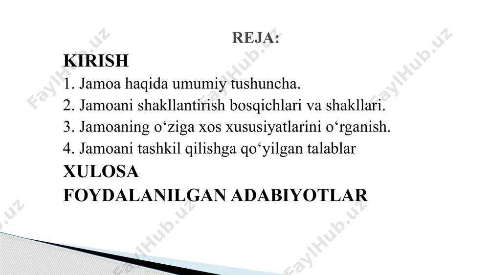 ing o‘qishga qanday munosabatda ekanliklarni, o‘zlarini darsda qanday tutishlarni, uy vazifalarni sidqidildan bajarishlarni yoki bajarmasliklarni aniqlaydi va nihoyat eng muhimi – ularning o‘qishdagi muljallari ijtimoiy mohiyatga molik yoki molik emasligi hisoblanadi. jamoada shaxsni tarbiyalashda yakka tartibdagi yondashuvning mohiyati alohida o‘quvchini jamoa faoliyatigan jalb etishdan jamoani esa mazkur o‘quvchi bilan qiziqtirib qo‘yishdan ham iboratdir. har qanday jamoada tarbiyasi qiyin bolalar bo‘ladi, lekin «ajratib qo‘yilgan» bolalar bo‘lmaydi. o‘quvchilarning xulq atvori, o‘quvchining muntazam o‘rganishni o‘z oldiga maxsus maqsad qilib qo‘ymasa uning uchun sezilmagan tarzda o‘zgarishi mumkin. bunday o‘rganish yakka tartibda ishni tashkil etishning hal qiluvchi sharti hisoblanadi. jamoani shaklantirish, yuzasidan olib boriladigan ish albatta ayrim o‘quvchilarning rivojlanishga ta’sir etadi va shuning uchun ham bu jarayon stixiyali emas, balki maqsadga qaratilgan va boshqariladigan bo‘lishi kerak. tadbirlar kechalar to’garaklar olimpiadalar ekskursiyalar shaxsni jamoda tarbiyalash jamoa qanday bosqichda turmasin, uning oldida bir vaqtqning o’zida yaqin, o’rta va uzoq istiqbollar bo’lishi kerak. ekskursiya, madaniy yurish, shahar tashqarisiga …