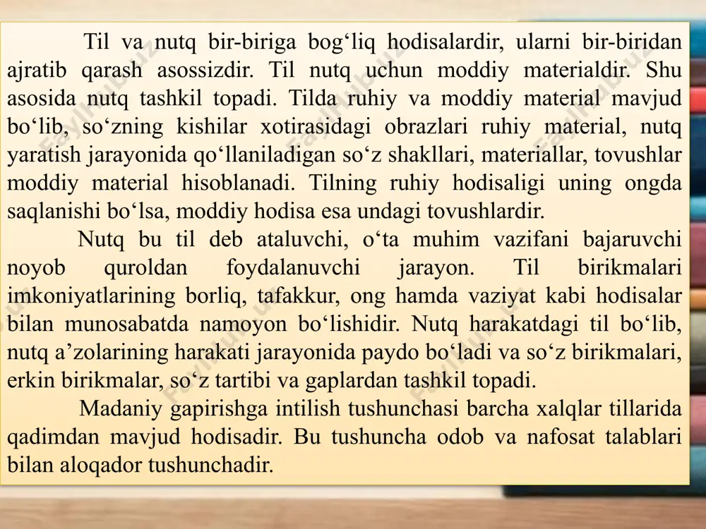 a ham yangi orfografik qoidalar yaratildi. bo‘g‘in ko‘chirish qoidalariga o‘zgartirishlar kiritildi. demak, imloviy me’yor so‘zlarning to‘g‘ri, xatosiz yozilishiga asoslanadi. grafik (yozuv) me’yorlari: hozirgi yozuvimiz lotin alifbosiga asoslangan bo‘lib, 26 ta harf va 3 ta harf birikmasidan iborat. punktuatsion me’yorlar: bu me’yor 10 ta tinish belgisi asosida ish yuritadi (nuqta, vergul, ikki nuqta, nuqtali vergul, tire, undov belgisi, so‘roq belgisi, ko‘p nuqta, qo‘shtirnoq, qavs) uslubiy me’yor: nutq sharoitiga qarab til birliklarining eng ma’qulini qo‘llash adabiy tilning uslubiy me’yori hisoblanadi. sinonimlardan noto‘g‘ri foydalanish, so‘z takror ayrim eskirgan so‘zlarni qo‘llash nutqni uslubiy jihatdan buzadi. e’tiboringiz uchun rahmat! image2.jpeg image1.jpeg /docprops/thumbnail.jpeg