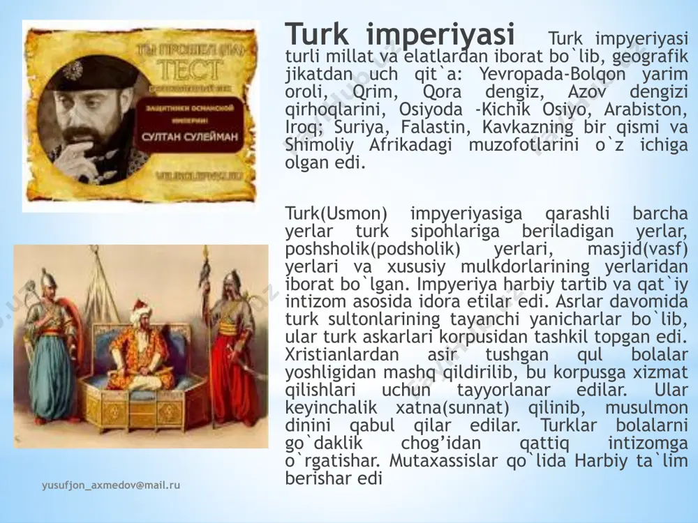 hsiz, fabrika-zavodlar nihoyatda kam, sudxo’rlik harakati va yyer egatigiga bog`liqligi bilan qorishib ketgan edi. milliy burjuaziya xalq ozodlik harakatiga boshchilik qilgan bo’lmasada xorijiy monopoliyalar hukmronligiga qarshi chiqmadi va dehqonlarning yer haqidagi talablarini qondira olmadi. ular konstilutsion monarxiya tizimi tarafdorlari edilar. usmonli turk impyeriyasidagi siyosiy harakatlar imperiya tarkibida milliy mustaqil davlat, avvalo turkiya mustaqil davlati tashkil etilmasdan turib taraqqiyot yo`liga chiqib olish mumkin emasligini ko`rsatdi. turk milliy burjuaziyasi shovinislik yo`ldan borib, boshqa millatlarning taraqqiyparvar kuchlarini birlashtira olmadi. yusufjon_axmedov@mail.ru xulosa xulosa o’rnida xviii asr oxiri va xix asr mobaynida usmoniylar impyeriyasi halokatli davrni boshidan kechirdi. sulton salim iii (1789-1807) saltanatni saqlab qolishga urindi. yuqorida aytilgan «nizomi jadid» tadbirlari yoki islohotlarga yirik feodallar, ayniqsa, yanicharlar,, ulamolar va boshqalar qaltiq qarshilik ko`rsatganlar. oqibatda ular 1807 yilda uni taxtdan ag`darib tashladilar va o`rniga maxmud ii (1808-1839) taxtga o`tirdi. u ancha murakkab sharoitda atrofdagilari bilan murosa yo`lini tutib, sekin-asta islohotlar orqali mustahkamlab bordi, jumladan, oldinroq ta`kidlangandek …