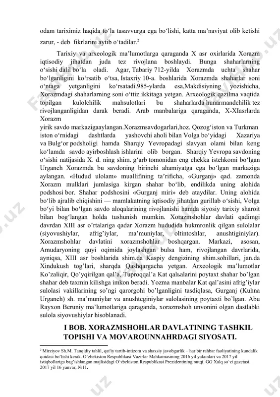 a, gurganj (kuhna urganch) sh. ma’muniylar va anushteginiylar sulolasining poytaxti bo’lgan. abu rayxon beruniy ma’lumotlariga qaraganda, xorazmshoh unvonini olgan dastlabki sulola siyovushiylar hisoblanadi. i bob. xorazmshohlar davlatining tashkil topishi va movarounnahrdagi siyosati. 1.1 xorazmshohlar davlatining tashkil topishi. xorazmshohlar davlati qadimgi davrdan xiii asr o’rtalariga qadar xorazm hududida hukmronlik qilgan sulolalar (siyovushiylar, afrig’iylar, ma’muniylar, oltintoshlar, anushtiginiylar). xorazmshohlar davlatini xorazmshohlar boshqargan. markazi, asosan, amudaryoning quyi oqimida joylashgan bulsa ham, rivojlangan davrlarida, ayniqsa, xiii asr boshlarida shim.da kaspiy dengizining shim.sohillari, jan.da xindukush tog’lari, sharqda qashqargacha yetgan. arxeologik ma’lumotlar ko’zaliqir, qo’yqirilgan qal’a, tuproqqal’a kat qalьalarini poytaxt shahar bo’lgan shahar deb taxmin kilishga imkon beradi. yozma manbalar kat qal’asini afrig’iylar sulolasi vakillarining so’ngi qarorgohi bo’lganligini tasdiqlasa, gurganj (kuhna urganch) sh. ma’muniylar va anushteginiylar sulolasining poytaxti bo’lgan. abu rayxon beruniy ma’lumotlariga qaraganda, xorazmshoh unvonini olgan dastlabki sulola siyovushiylar hisoblanadi.[footnoteref:3] mil. av. viii asrda shakllangan qadimgi xorazm (q. xorazm) davlatida axomaniylar va undan keyingi afrig’iylar sulolasi asoschisi …