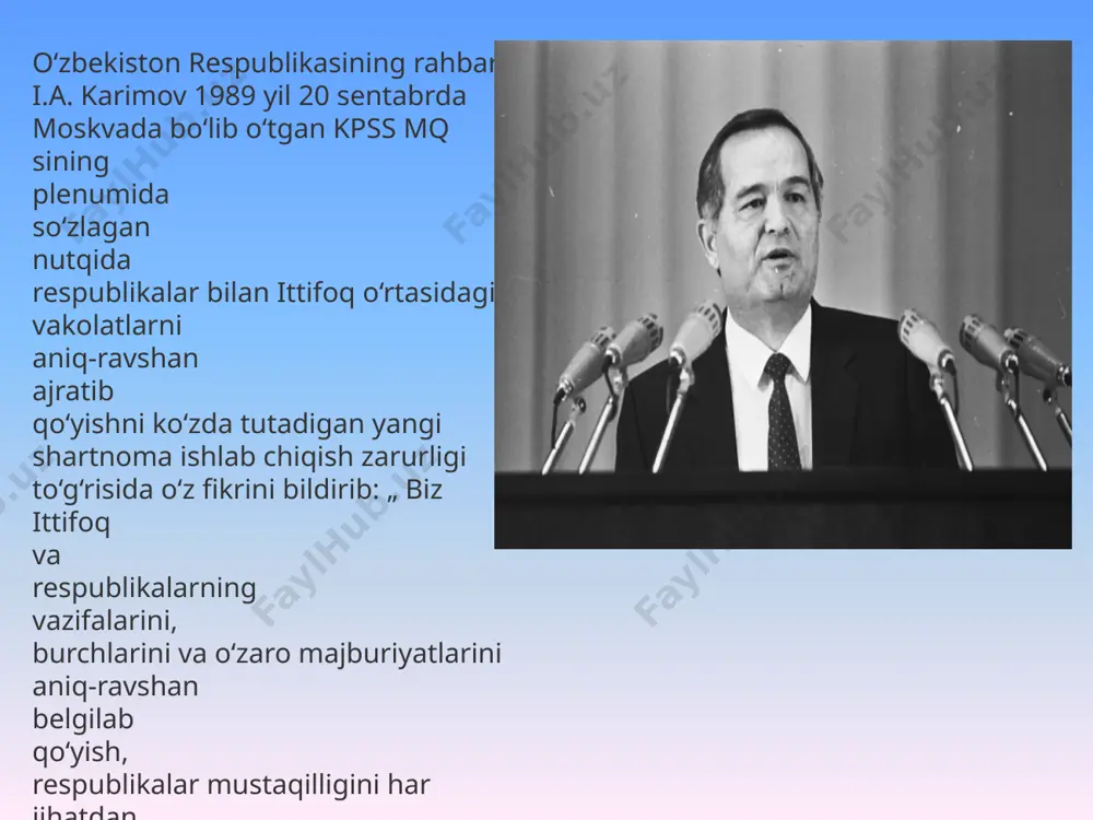 ining taqdiri uchun butun mas'uliyatni anglab, shaxsning huquq va erkinliklari, mustaqil davlatlar o`rtasida chegaralarning buzilmasligi to`g`risidagi xelsinki shartnomalariga qat'iy sadoqatni bayon etib, millati, diniy e'tiqodi va ijtimoiy mansubligidan qat'iy nazar, respublika hududida yashovchi har biri kishining munosib hayot kechirishini sha'ni va qadr-qimmatini ta'minlaydigan insonparvar, demokratik, huquqiy davlat barpo etishga intilib, "mustaqillik deklaratsiya"sini amalga oshira borib, o`zbekiston sovet sotsialistik respublikasi oliy kengashi o`zbekistonning davlat mustaqilligini va ozod suveren davlat – o`zbekiston respublikasi tashkil etilganligini tantanali ravishda e'lon qildi" 1991 yil 31 avgust kuni o‘zbekiston respublikasi oliy kengashining navbatdan tashqari oltinchi sessiyasi bo‘lib o‘tdi. sessiyada o‘zbekiston prezidenti i. a. karimov nutq so‘zlab, sobiq ittifoqda so‘nggi paytlarda yuz bergan ijtimoiy-siyosiy voqealarni, davlat to‘ntarishiga antikonstitutsiyaviy urinish oqibatlarini tahlil qilib, ular o‘zbekiston taqdiriga, xalqimiz taqdiriga bevosita daxldor ekanligini har tomonlama asoslab berdi. prezident i.a. karimov o‘zbekiston respublikasining davlat mustaqilligini e’lon qildi va uni mustaqillik to‘g‘risidagi qonun bilan mustahkamlashni taklif etdi. kengash sessiyasi „o‘zbekiston respublikasining davlat …