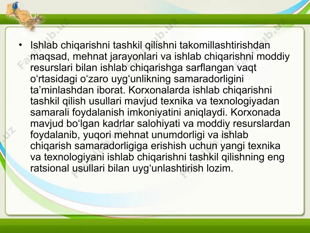kil etishni takomillashtirish hisobiga oshirish mumkin. bu xattoki mayda seriyali va yakka tartibdagi ishlab chiqarish turiga seriyali va ommaviy ishlab chiqarishni qo‘llashga sharoit yaratadi. ishlab chiqarish samaradorligiga ishlab chiqarish jarayonida dastgohlarni, mehnat qurollarini harakatlanishi bo‘yicha joylashtirish, detallar, yarim tayyor mahsulotlarning operatsiyalar o‘rtasidagi harakatini qisqartirishga imkon beruvchi buyum (predmet) prinsipi bo‘yicha ishlab chiqarish uchastkalarini tashkil qilish orqali oshirish mumkin. ishlab chiqarishni ratsional tashkil etishda yuqoridagi va boshqa barcha tadbirlar katta miqdorda investitsiya talab qilmaydi. ishlab chiqarish unumdorligini keskin oshiradi, ishlab chiqarish siklini qisqartiradi, mahsulot tannarxini pasaytiradi. bu esa, foydani va ishlab chiqarish rentabelligini oshiradi. ishlab chiqarishni ratsional tashkil qilish texnik taraqqiyotning faol omillaridan bo‘lib, u nafaqat texnikadan unumli foydalanish, balki texnika va texnologiyaga oid yangiliklar yaratishga sharoit yaratadi. masalan: ommaviy ishlab chiqarishni potok usulida tashkil qilinishi ko‘p pozitsiyali dastgohlar va presslar hamda ko‘p sonli transport qurilmalari, turli xildagi konveyer sistemalarini yaratilishiga olib keladi. o‘z navbatida texnik taraqqiyot ishlab chiqarishni tashkil qilishning …