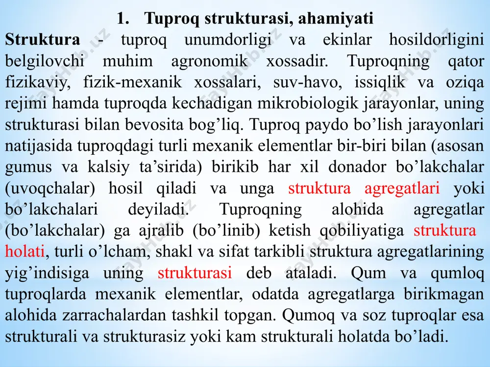 mm gacha bo’lgan m a k r o s t r u k t u r a va 0,25 mm dan kichik agregatlardan iborat m i k r o s t r u k t u r a g a ajratiladi. tadqiqotlardan ma’lumki, qumoq va soz mexanik tarkibli tuproqlarda optimal holidagi strukturaning bo’lishi uchun 0,25 mm dan katta agregatlar miqdori 70-80 foiz (jumladan, suvga chidamli agregatlar 40-60 foizni) tashkil etishi muhim ahamiyatga ega. yirik makrostrukturalar tuproqdagi eng qulay suv-havo xossalarini yuzaga keltiradi. makrostruktura bilan bir qatorda tuproq unumdorligida, ayniqsa 0,25 dan 0,05 mm gacha o’lchamli mikrostrukturalarning roli ham katta. mikrostrukturalar o’rta osiyoning bo’z tuproqlari sharoitida ekinlardan yuqori hosil olishni ta’minlaydi. strukturaning shakli plitasimon prizmasimon kubsimon tuproq strukturasi o’lchami (katta-kichikligi) ga ko’ra quyidagi gruppalarga bo’linadi: >10 mm, kesakli struktura 10-0,25 mm gacha makrostruktura 0,01 mm dan kichik nozik mikrostruktura 0,25-0,01 mm gacha dag’al mikrostruktura strukturaning agronomik ahamiyati. ilgari aytilganidek, agronomik nuqtai …