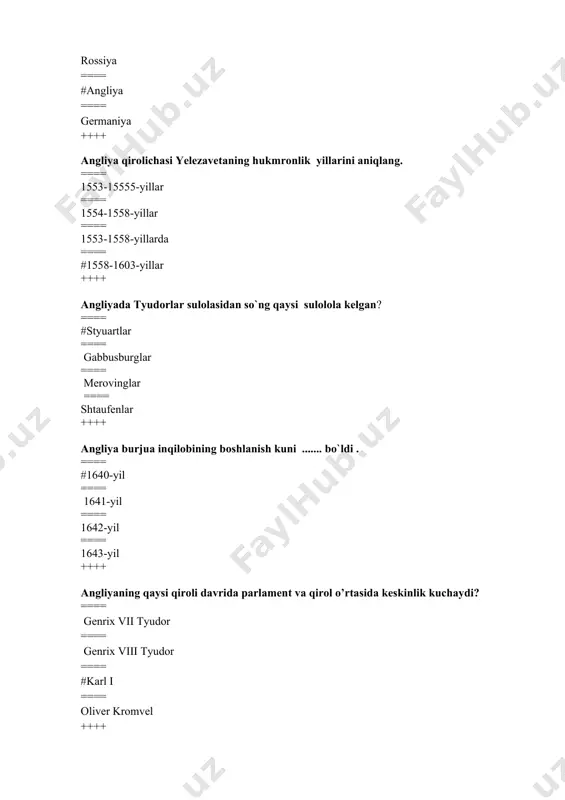 ==== 1524-1528-yillar ==== 1524-1529 –yillar ++++ germaniya nimaning savdosida asosiy o`rin egallagan? ==== oltin ==== kumush ==== # mis ==== tuz ++++ yevropada «o`ttiz yillik urush» sanalarini aniqlang? ==== 1615-1645-yillar ==== 1616-1646-yillar ==== 1617-1647-yillar ==== #1618-1648-yillar ++++ o`ttiz yillik urush natijasiga ko`ra, yevropada siyosiy gegamonlik qaysi davlatga o`tdi? ==== #fransiya ==== angliya ==== niderlandiya ==== rossiya ++++ qachongacha germaniya «muqaddas rim imperiyasi» deb atalib keldi? ==== 1805-yilgacha ==== #1806-yilgacha ==== 1807-yilgacha ==== 1808-yilgacha ++++ germaniya knyazliklari ........ turkiya bosqiniga qarshi kurashish uchun tarixda birinchi marta yakdil qaror qabul qildilar va milliy ozodlik qo`shinini tuzdilar? ==== 1681-yilda ==== 1682-yilda ==== #1683-yilda ==== 1684-yilda ++++ qachon vena ostonlarida usmoniylarning qo`shini tor-mor keltirildi? ==== 1681-yilda ==== 1682-yilda ==== # 1683-yilda ==== 1684-yilda ++++ germaniya knyazliklari ichida qaysilari eng kuchli davlatlar edi? ==== prussiya, myunxen ==== # avstriya, brandenburg ==== bavariya, lotaringiya ==== bavariya, saksoniya ++++ xvi-xviii asrlarda avstriyada qaysi sulola hukmronlik qilar edi? …