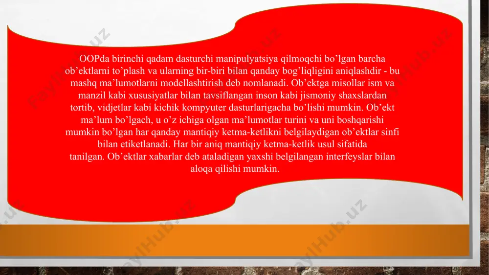 sullari deyiladi. dasturchilar qayta foydalanish yoki funksionallikni bir vaqtning o’zida bitta ob’ekt ichida saqlash usullaridan foydalanadilar. 4.atributlar sinf shablonida aniqlanadi va ob’ekt holatini ifodalaydi. ob’ektlar atributlar maydonida saqlanadigan ma’lumotlarga ega bo’ladi. sinf atributlari sinfning o’ziga tegishlidir. ob’ektga yo’naltirilgan dasturlash quyidagi prinsiplarga asoslanadi 1.inkapsulatsiya. ushbu tamoyil barcha muhim ma’lumotlar ob’ekt ichida joylashganligini va faqat tanlangan ma’lumotlarning ochiqligini bildiradi. har bir ob’ektning amalga oshirilishi va holati belgilangan sinf ichida shaxsiy saqlanadi. boshqa ob’ektlarda ushbu sinfga kirish yoki o’zgartirishlar kiritish huquqi yo’q. ular faqat davlat funktsiyalari yoki usullari ro’yxatini chaqirishlari mumkin. ma’lumotlarni yashirishning bu xususiyati dasturning katta xavfsizligini ta’minlaydi va ma’lumotlarning kutilmagan buzilishlarini oldini oladi. 2. abstraksiya. ob’ektlar faqat boshqa ob’ektlardan foydalanish uchun tegishli bo’lgan ichki mexanizmlarni ochib beradi, keraksiz amalga oshirish kodini yashiradi. olingan sinf o’zining funktsional imkoniyatlariga ega bo’lishi mumkin. ushbu kontseptsiya ishlab chiquvchilarga vaqt o’tishi bilan qo’shimcha o’zgartirishlar yoki qo’shimchalar kiritishga yordam beradi 3.meros. sinflar boshqa sinflardagi kodlarni qayta ishlatishi …