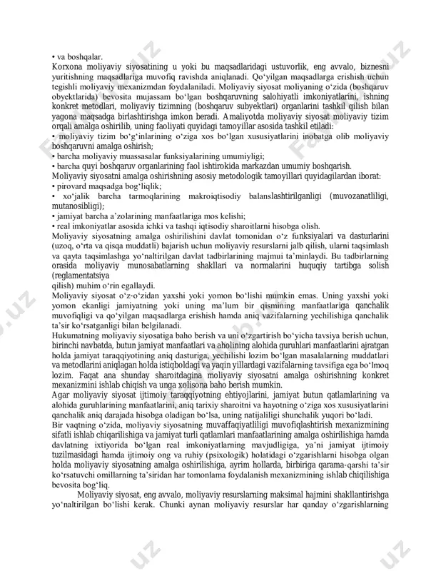 dan asoslansa-yu, moliyaviy siyosat uzoq vaqt davomida o‘zgarmasdan qolaversa, amalga oshiriladigan soliq islohotlari uning mohiyatini o‘zgartirmasa, bunday holda davlatning moliyaviy siyosati davlat hokimiyatining tegishli organlari tomonidan faol ravishda hayotga tatbiq etilayotgan alohida shaxslar guruhining moliyaviy siyosatiga aylanib qolishi mumkin. yuqorida bayon qilingan fikrlardan quyidagi uch mantiqiy xulosa kelib chiqadi: • birinchidan, moliyaviy siyosat faqat o‘z manfaatlarini ko‘zda tutadigan hokimiyat organlarining u yoki bu maqsadlarga erishishining vositasi emas, balki jamiyatning ijtimoiy-iqtisodiy vazifalarini yechish vositasi bo‘lishi kerak; • ikkinchidan, davlatning moliyaviy siyosati faqat davlat hokimiyat organlarining emas, balki moliyaviy tizim barcha subyektlarining manfaatlarini hisobga olishi lozim; • uchinchidan, davlat moliyaviy siyosati va davlat hokimiyat organlarining moliyaviy siyosati aynan bir xil narsa emas, ularni bir-biridan farq qilishini tushunish kerak. shunday qilib, davlat moliyaviy siyosatini mamlakat moliyaviy tizimning barcha bo‘g‘inlarida moliyaviy resurslarning o‘sishini mutanosiblashtirilgan (balanslashtirilgan) holda ta’minlash bo‘yicha davlat ijtimoiy-iqtisodiy siyosatining bir qismi sifatida e’tirof etish kerak. xorijiy tajribalarning ko‘rsatishicha, moliyaviy resurslarning mutanosiblashtirilgan holda …