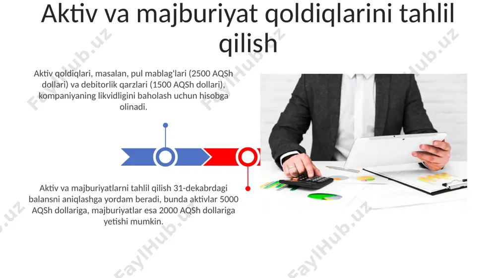 arni aniqlash dasturiy ta'minot yordamida qoldiqlarni aniqlash hisobdagi qoldiqlar dasturiy ta'minot yordamida aniqlanganda, audit izi yaratiladi. har bir o'zgarish, masalan, 1000 so'mlik operatsiya, qayd etiladi va uni kuzatish va tahlil qilish imkonini beradi. hisobvaraqlar jadvali hisobot hisobvaraqlar jadvali kompaniyaning moliyaviy hisobotlarini tuzish uchun asos bo'lib xizmat qiladi, chunki u barcha moliyaviy operatsiyalarni tasniflash va jamlash imkonini beradi. aktiv hisoblarining debit qoldig'i aktiv hisoblarining debit qoldig'i 10000 so'm bo'lsa, bu aktivning balansida kamida shuncha qiymat mavjudligini, misol uchun, 5000 so'mlik pul mablag'lari yoki 5000 so'mlik tovar zahiralari borligini anglatadi. aktiv hisoblarining debit qoldig'i ko'payishi, xarajatlar yoki aktiv qiymatining ortishi, masalan, 2000 so'mlik xarid qilingan uskuna debit tomonda aks etadi, moliyaviy holatni yaxshilaydi. aktivlar va majburiyatlar hisoblaridagi qoldiqlarni aniqlash majburiyatlar hisoblari ko'pincha kredit qoldiqqa ega, kompaniyaning tashqi 5000 aqsh dollarilik majburiyatlarini aks ettiradi. majburiyatlarning ortishi kredit, kamayishi esa debit bilan ko'rsatiladi. balans tenglamasi (aktivlar = majburiyatlar + kapital) buxgalteriya hisobining asosi bo’lib, …