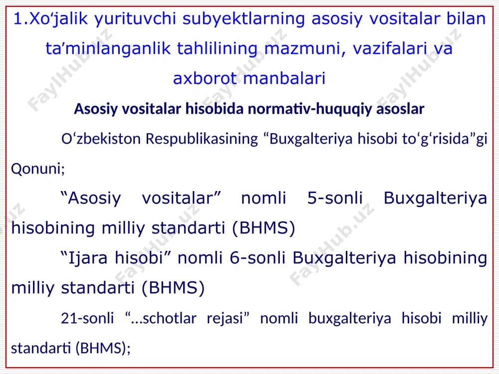 yvonlar ko‘p yillik ekinlar ishlab chiqarish inventarlari va boshqa asosiy vositalar asosiy vositalarning ishlab chiqarishda qatnashishi bo‘yicha ishlab chiqarish faoliyatidagi asosiy vositalar noishlab chiqarish faoliyatidagi asosiy vositalar 2 asosiy vositalardan foydalanish jarayonida qatnashuviga ko‘ra foydalanishdagi asosiy vositalar foydalanishdan olib qo‘yilgan (konservatsiya qilingan) asosiy vositalar 3 asosiy vositalarning ishlab chiqarish jarayonidagi qatnashishi bo‘yicha aktiv asosiy vositalar passiv asosiy vositalar 4 asosiy vositalarning mulkiy egaligiga ko‘ra o‘ziga tegishli asosiy vositalar ijaraga olingan asosiy vositalar “orzu” mchjda asosiy vositalarining tarkibi, tuzilishi va dinamik o‘zgarishlarining tahlili asosiy vositalarning tarkibi 2020 yil 2021 yil o‘zgarishi (+, -) summa, ming so‘m salmog‘i, % summa, ming so‘m salmog‘i, % mutlaq, ming so‘mda salmoq -dagi, % 1. bino 27485 31,2 27485 27 2. inshoot 4388 5 4388 4,3 3. mashina va jihozlar 12388 14 16058 15,7 4. mebel va ofis jihozlari 2800 3,2 3138 3,1 5. kompyuter jihozlari va hisoblash texnikasi 2462 2,8 4064 4 6. transport vosita …