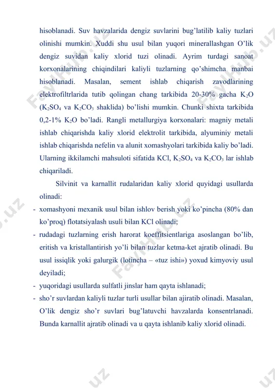 sh esa flotatsiyalashda mahsulot bir qismining quyqum bilan yo’qotilishiga va mahsulot sifatini yomonlashishiga olib keladi. lekin bunda silvin na’munasini yuzaga chiqish darajasi iloji boricha 90% dan ortishi kerak. agar flotatsiyalashga beriladigan donachalar o’lchami 0,8-1,0 mm dan kichik bo’lsa, uni mayda donachali va 2 mm dan kattadan yirik bo’lsa, yirik donachali deyiladi. silvinitni flotatsiyalashga tayyorlash (4.1-rasm) – quruq holatida amalga oshiriladigan rotorli (valkali, qaytargichli, bolg’ali va b.) tegirmonlarda (zarracha o’lchami 15 mm gacha), quruq yoki ho’l holatda (ruda komponentlarining to’yingan tuzlari eritmalarida) amalga oshiriladigan sterjenli yoki sharli maydalagichlarda maydalashni o’z ichiga oladi. har bosqichdagi zarrachalarni saralash uchun tebranuvchi elaklar, do’g’ali elaklar, gidrosiklon va boshqalar ishlatiladi. 2. maydalangan rudani quyqumdan – flotatsiya jarayoniga va suspenziyani ajratishga halaqit beradigan mayda dispers tuproqkarbonatli qo’shimchalardan ajratish. uni flotatsiyalash (asosiy flotatsiya jarayonidan oldingi), gidravlik (tuproq-karbonatli va tuzli minerallarning cho’kish tezligi farqi asosida maydalangan ruda suspenziyasini ajratish), flotatsiyali-gidravlik, gravitatsiyali va boshqa usullarda amalga oshiriladi. rudadagi quyqum miqdori …