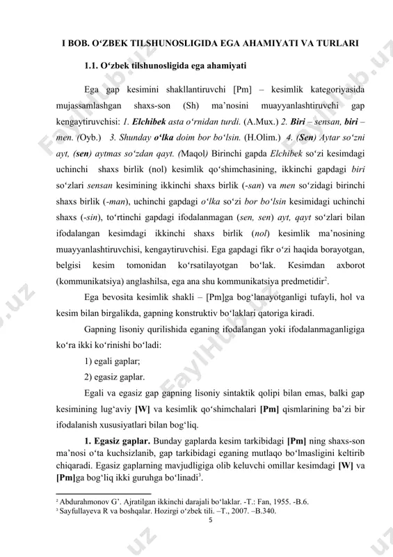 ishda boʻladi (2-jadval): bu gaplar kesimidagi mumkin, shart, kerak kesimlik soʻzi [pm] dagi mayl ma’nosi ifodalovchilari boʻlib, ulardan keyin zamon va tasdiq, inkor ma’nolarini ifodalovchi vositalar keladi[footnoteref:4].. [4: ashurova d, ubayeva f, boltaboyeva h. gapning uyushgan va ajratilgan boʻlaklari. -t.,1962. –b.125.] 2-jadval e h w pm bugun → yuborib toʻg‘ri kel soʻrashimizga -adi toshkentga oʻz → vakillarimizni yordamni zarur korxonadan yuqoridagi gaplardan birining lisoniy struktur sxemasini keltiramiz (3-jadval): 3-jadval e h w pm har doim rivojlantirmoq, davom ettirmoq kerak edi ishini ustozlar кesimi fe’lning iii shaxs shart mayli+boʻladi qurilmasi asosida ifodalangan gaplar ham oʻzbek tilida egasiz gaplarni hosil qiladi: 1. hosilni oʻn-oʻn besh kunda yig‘ib olsa boʻladi. 3. bu ig‘voning sabablarini tahlil qilsa boʻladi. bunda kesimlarning yig‘ib ol, tahlil qil qismlari [w] (lug‘aviy birlik) va -sa boʻladi qismlari esa [pm] voqelanishi. кesim ravishdoshning -(i)b shakli va boʻlmoq fe’lining turli koʻrinishlari bilan ifodalanganda ham egasiz gap vujudga keladi: 1. bu xatning …