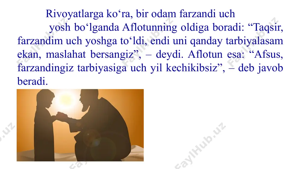 xolog ishtirokida seminar -treninglar o’tkazish; nufuzli psixologlar bilan shartnoma tuzib shartnoma asosida ota-onalar bilan suhbatlar uyushtirish maktablarga “bola tarbiyasi” va “tarbiya sa’nati” nomli darsliklar joriy qilish; milliy ta’lim tizimiga “bola tarbiyasi” va “tarbiya sa’nati” nomli darsliklar joriy qilinishi uchun takliflar berish. farzand tarbiyasida ijobiy natijaga erishish uchun nafaqat, pedagoglar, huquq-tartibot idoralari, yoshlar bilan ishlovchi tashkilotlar, balki keng jamoatchilik hamkorlikda ish olib borishi, xususan, tushuntirish va targ‘ibot ishlarini kuchaytirish lozim. ayniqsa, mahallalarda, har bir oilada ijtimoiy-ma’naviy muhitni yaxshilash, ota-onaning farzand tarbiyasiga, farzandlarining bo‘sh vaqtlarini mazmunli tashkil etishga bo‘lgan e’tibori va mas’uliyatini oshirish lozim. ayniqsa, mahallalarda, har bir oilada ijtimoiy-ma’naviy muhitni yaxshilash, ota-onaning farzand tarbiyasiga, farzandlarining bo‘sh vaqtlarini mazmunli tashkil etishga bo‘lgan e’tibori va mas’uliyatini oshirish lozim. eng muhimi, farzandlarimizni sog‘lom, komil inson qilib tarbiya qilaylikki, ular o‘z ota-bobolariga, tariximizga, vatanimizga, ona tilimizga, milliy qadriyatlarimizga, muqaddas dinimiz an’analariga sodiq bo‘lsin. e’tiboringiz uchun rahmat! image1.jpeg image2.jpeg image3.jpeg image4.jpeg image5.jpeg image6.jpeg image7.jpeg image8.jpeg image9.jpeg …