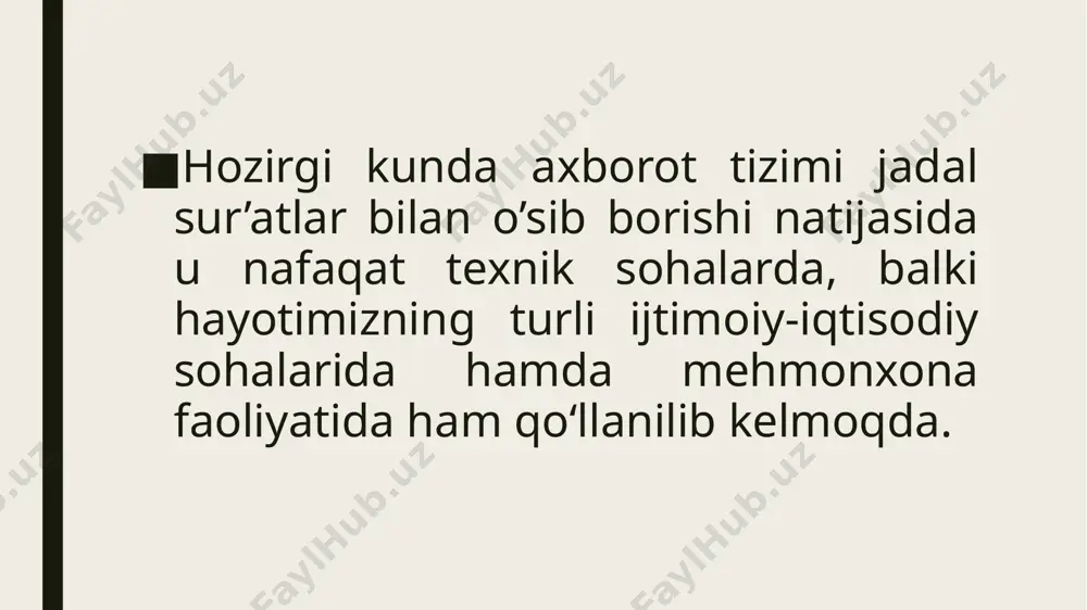 , so‘rovnomalar). ichki ma'lumotlar (rezervatsiyalar, xizmat vaqtida olingan ma'lumotlar). natija: sifatni oshirish. xodimlarni samaradorligini baholash. marketing strategiyasini aniqlash. tahlilni avtomatlashtirish zarurati muammolar: ma'lumot ko'pligi tufayli qo'lda tahlil qilish murakkablashadi. tezkor qaror qabul qilish ehtiyoji. avtomatlashtirish imkoniyatlari: ma'lumotlarni yig'ish va tozalash. fikrlarni sentiment tahlili yordamida baholash. tendensiyalarni real vaqt rejimida kuzatish. avtomatlashtirish usullari va vositalari texnologiyalar: sun'iy intellekt: sentiment tahlil, shaxsiylashtirilgan xizmatlar. big data va analitika: mijoz ehtiyojlarini prognoz qilish. crm tizimlari: mijozlar bilan ishlash jarayonini optimallashtirish. misollar: chatbotlar: rezervatsiya va xizmat ko‘rsatish bo‘yicha yordam. bi vositalari: tableau, power bi orqali ma'lumotlarni vizualizatsiya qilish. avtomatlashtirish natijalari xizmat sifatini oshirish: mijozlar ehtiyojini tezroq qondirish. tizimli nosozliklarni oldini olish. samaradorlikni oshirish: xodimlarning ish yukini kamaytirish. xarajatlarni optimallashtirish. mijozlar qoniqishini oshirish: individual yondashuv. tezkor muammolarni hal qilish. amaliyotga tatbiq qilish jarayonlari bosqichlar: hozirgi tizimni tahlil qilish. texnologiyalarni joriy etish uchun reja tuzish. xodimlarni o‘qitish. natijalarni kuzatib borish. qiyinchiliklar va yechimlar: moliyaviy cheklovlar: investitsiyalarni oqilona …