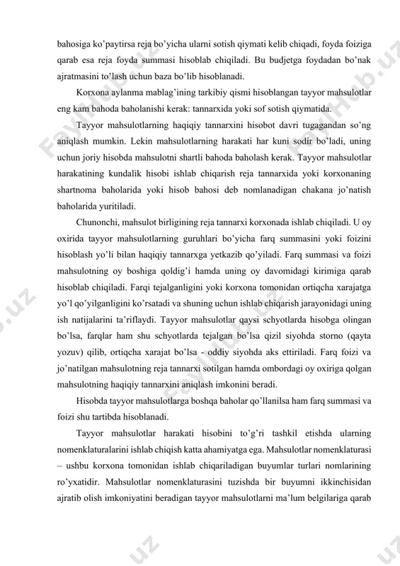 otning reja tannarxi sotilgan hamda ombordagi oy oxiriga qolgan mahsulotning haqiqiy tannarxini aniqlash imkonini beradi. hisobda tayyor mahsulotlarga boshqa baholar qo’llanilsa ham farq summasi va foizi shu tartibda hisoblanadi. тayyor mahsulotlar harakati hisobini to’g’ri tashkil etishda ularning nomenklaturalarini ishlab chiqish katta ahamiyatga ega. mahsulotlar nomenklaturasi – ushbu korxona tomonidan ishlab chiqariladigan buyumlar turlari nomlarining ro’yxatidir. mahsulotlar nomenklaturasini tuzishda bir buyumni ikkinchisidan ajratib olish imkoniyatini beradigan tayyor mahsulotlarni ma’lum belgilariga qarab qilingan tasnif asos bo’ladi. nomenklatura raqami turli miqdordagi raqamlar bilan belgilanishi mumkin. korxona nomenklaturalaridan quyidagi xizmatlarda: 1. dispecherlar – mahsulot ishlab chiqarish grafigining bajarilishini nazorat qilish uchun; 1. sexlar – ishlab chiqarilayotgan mahsulotlar assortimentini nazorat qilish uchun va tayyor mahsulotlarni omborga topshirishda nakladnoylar yozish uchun; 1. marketing bo’limi – mahsulot jo’natish shartnomasining bajarish imkoniyati ustidan nazorat qilish uchun; 1. buxgalteriya – analitik hisob, svodkalar va hisobotlar tuzish uchun foydalanishi mumkin. shuning uchun korxonalarning buxgalteriya hisobini tashkil qilish tizimida tayyor mahsulotlar …