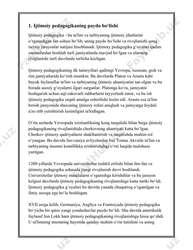 . sovet ittifoqi davrida davlat tarbiyaning boshqarilishiga katta e'tibor qaratdi va bolalar va o'smirlarning ijtimoiy muhitda rivojlanishini nazorat qilish maqsadida turli dasturlar va loyihalar ishlab chiqildi. 1980-yillarda pedagogika sohasida yangi yo'nalishlar paydo bo'ldi va ijtimoiy pedagogikaga bo'lgan qiziqish ortdi. 1989-1991 yillarda sovet ittifoqining parchalangan davrida o'rta osiyo davlatlarida, shu jumladan, o'zbekistonda ijtimoiy pedagogikaning rivojlanishi yangi bosqichga ko'tarildi. mustaqillik davrida pedagogikada turli islohotlar amalga oshirildi va ijtimoiy pedagogikaning dolzarbligi oshdi. ushe paytdan beri davlat siyosatida bolalar va yoshlarga ijtimoiy-pedagogik xizmatlar ko'rsatishga qaratilgan chora-tadbirlar faol amalga oshirilmoqda. ko'p mamlakatlarda ijtimoiy pedagogika mutaxassisligini tayyorlashda universitet darajasidagi ta'lim muhim ahamiyat kasb etadi. masalan, germaniyada ijtimoiy pedagogikaning bakalavr va magistr dasturlari mavjud. o'zbekistonda pedagogika va psixologiya institutlari va universitetlarida ijtimoiy pedagogika mutaxassisligi bo'yicha kurslar o'tkazilmoqda. xxi asrga kelib, ijtimoiy pedagogika o'z ichiga keng qamrovli mavzularni oldi, masalan, nogiron bolalar bilan ishlash, muhojirlar bolalariga madaniy moslashishni ta'minlash, shuningdek, oilaviy muhitni mustahkamlash va shaxsiy rivojlanish uchun sharoitlarni …