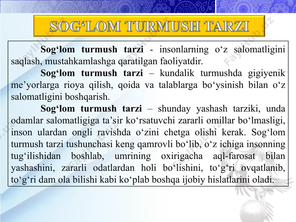 o‘yinlari, badanni chiniqtiruvchi muolajalar bilan ko‘proq shug‘ullansa, uning tanasidagi fiziologik, biologik jarayonlar tezlashadi va oqibatda kayfiyati ko‘tariladi, ishchanlik ortadi. shubhasiz, bu salomatlikni mustahkamlashga xizmat qiladi. jismoniy faollik susayib borar ekan, avvaliga quvvat sarfi kamayib, so‘ng to‘qimalarning qon, kislorod va oziq moddalar bilan ta’minlanishi yomonlashadi. bularning barchasi kishini baquvvat, chidamli qiladi, oyoq mushaklarini rivojlantiradi, yurakni mashq qildiradi, nafas tizimini, qon aylanishi, ovqat hazm qilinishi, asab tizimi ishini yaxshilaydi. sport va harakat – salomatlik elchisi jismoniy tarbiya sog’lom turmush tarzini shakllantirish va salomatlikni mustahkamlashda eng samarali yo‘ldir. jismoniy tarbiya intizom, iroda uyushqoqlik, mehnatsevarlik, yuksak aqliy e’tiqod va boshqa fazilatlarni shakllantirishga yordam beradi. piyoda yurish yugurish velosiped haydash organizmni chiniqish suvda suzish uchinchi shart: mehnatni va hordiqni to‘g‘ri tashkil etish, ya’ni kun va ishni biologik rejimlar asosida tashkil qilish. demak, tabiatdagi va tanamizdagi xodisalar o‘ziga xos qoidalarga amal qilar ekan, biz kundalik turmushimizni ma’lum bir tartib asosida tashkil etishimiz va bu tartib badanimizdagi …