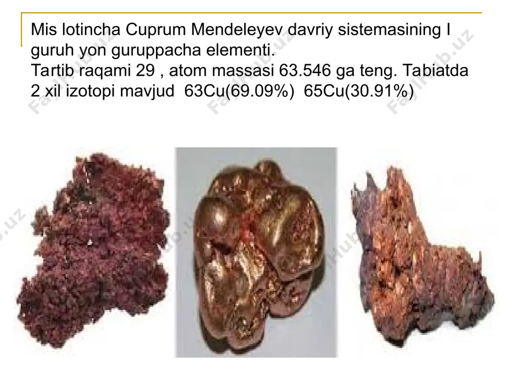 lish uchun misga n2o4 tasir ettirib olinadi cu + n2o4 → cu(no3)2 +2no2↑ mis (i) nitrat tuzini olish uchun cu(no3)2 ning amiyakdagi eritmasiga mis tasir ettirib olinadi cu(no3)2 + 4nh3· h2o →[cu(nh3)4](no3)2 +4h2o [cu(nh3)4](no3)2 +cu →cuno3 + 4nh3↑ mis (i) nitrat tuzi oq kukun holidagi tuz mis nitrat tuzining kimyoviy xossalari quyidagi reaksiyalarga kirishadi parchalanish almashinish gidroliz mis nitrat 170°c da parchalanib mis (ii) oksid va azot (iv) oksidi hosil boladi 2 cu (no3)2 → 2cuo + no2 + o2 mis (ii) nitrat eritmasiga ishqor tasir ettirilganda ion almashinish reaksiyasi sodir bolib ko`k rangli chokma hosil boladi cu (no3)2 + 2naoh → cu(oh)2↓ + 2nano3 natriy fosfat bilan reaksiyaga kirishib ko`m ko`k cho`kma hosil qiladi 3cu (no3)2 + 2na3po4 + 3h2o →cu(po4)2· 3h2o↓ + 6nano3 mis nitrat eritmasi sariq qon tuzi bilan reaksiyaga kirishib qizil rangli cho`kma hosil bo`ladi 2cu(no3)2 + k4[fe(cn)6]↓ +4kno3 mis nitrat tuzi tibbiyotda fugitsid sifatida ishlatiladi. …