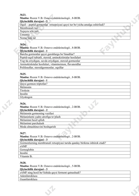 r retseptorlariga qaysi birikmalar kiradi? ma’lum gormonga yuqori moyillikka ega bo’lgan spetsifik oqsillar membrana oqsillari sitoplazma oqsillari turli oqsillar №39. manba: rozen v.b. osnovo endokrinologii , 5-bob. qiyinchilik darajasi - 2 kerakli to‘qimaga gormon qanday yetkazib beriladi? qondagi maxsus transport oqsillar yordamida turli oqsillar yordamida vitaminlar yordamida uglevodlar yordamida №40. manba: rozen v.b. osnovo endokrinologii , 2-bob. qiyinchilik darajasi - 1 qaysi birikmalar steroid gormonlar deb ataladi? o‘zida siklopentanopergidrofenantren skeletini tutgan birikmalar aminokislota skeletini tutgan birikmalar yog‘ kislotasi skeletini tutgan birikmalar uglevod skeletini tutgan birikmalar №41. manba: rozen v.b. osnovo endokrinologii , 2-bob. qiyinchilik darajasi - 2 endokrin bezlarning fiziologik boshqarilish mexanizmlarining qanday turlari mavjud? asab, neyroendokrin va noendokrin gumoral tizimlar orqali asab tizimlar orqali gumoral tizimlar orqali endokrin tizimlar orqali №42. manba: rozen v.b. osnovo endokrinologii , 2-bob. qiyinchilik darajasi - 2 prostaglandinlar gormonlarning qaysi sinfiga mansub? gormonsimon birikmalar sinfiga oqsillar sinfiga vitaminlar sinfiga steroid gormonlar sinfiga №43. manba: …