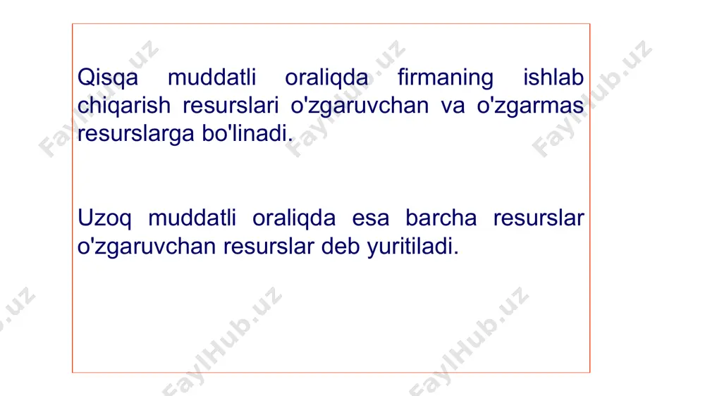 rflangan o'zgarmas va o'zgaruvchan harajatlarning yig'indisiga teng: tc=fc+vc(q) bu erda fc- o'zgarmas harajat, vc- o'zgaruvchan harajat. grafik ko'rinishda umumiy harajat chizig'i o'zgarmas va o'zgaruvchan harajatlar chiziqlarini qo'shish bilan hosil qilinadi tc, vc, fc tc vc fc q o'rtacha umumiy harajatlarni umumiy harajatni ishlab chiqarilgan mahsulot miqdoriga bo'lish yo'li bilan aniqlash mumkin: atc, afc va avc chiziqlarining grafikdagi ko'rinishi quyidagi rasmda keltirilgan q c afc atc avc chekli harajat (mc - marginal cost) - ishlab chiqarish hajmini kichik miqdorga (odatda bir birlikka) oshirish bilan bog'liq bo'lgan qo'shimcha umumiy harajatdir: umumiy, o'rtacha, o'zgaruvchan va chekli harajatlar grafiklarining tipik joylashuvi quyidagi grafikda berilgan q c b a afc atc mc avc qisqa muddatli oraliqda alohida olingan firmaning umumiy va o'rtacha harajatlari dinamikasi ishlab chiqarilgan mahsulot хajmi q o'zgarmas(doimiy) harajat summasi fc o'zgaruvchan harajat summasi vc umumiy harajat summasi tc=fc+vc o'rtacha o'zgarmas harajat afc o'rtacha o'zgaruvchan harajat avc o'rtacha umumiy harajat atc=tc/q chekli harajat …