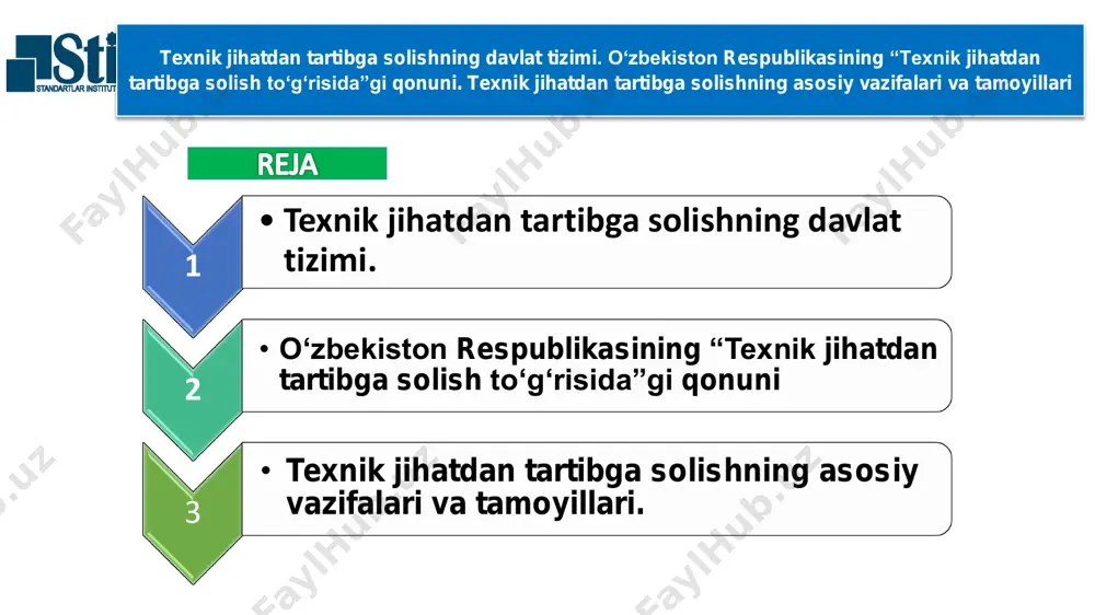 on texnik jihatdan tartibga solish agentligining texnik jihatdan tartibga solish sohasidagi vakolatlari 10-modda texnik jihatdan tartibga solish sohasidagi vakolatli davlat boshqaruvi organlari 11-modda. davlat va xo‘jalik boshqaruvi organlarining texnik jihatdan tartibga solish sohasidagi vakolatlari 12-modda. texnik jihatdan tartibga solish sohasidagi ekspert komissiyalari 7 3-bob. metrologiyaga oid faoliyatni tashkil etish 8 – moddadan iborat 13-20 13-modda. texnik reglamentlarning maqsadlari 14-modda. texnik reglamentlarning mazmuni 15-modda. texnik reglamentlarni ishlab chiqish va qabul qilish tartibi 16-modda. texnik reglamentlarni qayta ko‘rib chiqish yoki bekor qilish 17-modda. standartlarning texnik reglamentlarga muvofiqligi prezumpsiyasi 18-modda. texnik reglamentlarning qo‘llanilishi va o‘tish davri 19-modda. texnik reglamentlarni qo‘llash bo‘yicha uslubiy tavsiyalar 20-modda. xabardor qilish 8 4-bob. muvofiqlikni baholash va tasdiqlash 14 – moddadan iborat 21-34 21-modda. muvofiqlikni baholash 22-modda. muvofiqlikni baholash obyektlari 23-modda. muvofiqlikni tasdiqlash shakllari 24-modda. muvofiqlikni majburiy ravishda tasdiqlash 25-modda. muvofiqlikni ixtiyoriy ravishda tasdiqlash 26-modda. muvofiqlik to‘g‘risidagi deklaratsiya 27-modda. muvofiqlik sertifikati 28-modda. muvofiqlik belgisi 29-modda. arizachining muvofiqlikni majburiy ravishda …