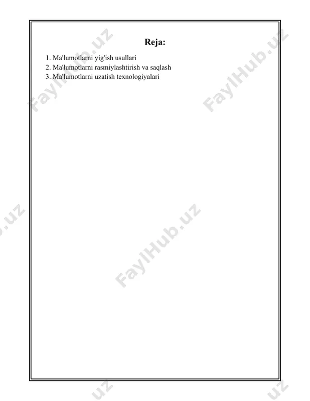 nazorat qilish imkonini beradi; aniq natijalar olinadi. - **kamchiliklari:** ko'p hollarda har doim ham haqiqatda bo'rttirilmagan sharoitlar ta'minlanmasligi mumkin. 5. **anketalar:** anketalar ko'p hollarda qog'oz yoki onlayn formatda bo'ladi va ular orqali respondentlar ma'lumotlarni to'ldiradilar. - **afzalliklari:** anonimlik maksazini saqlab, keng miqyosda ma'lumot olish imkoniyatini beradi; arzon va tezkor usul. - **kamchiliklari:** noto'g'ri yoki noto'liq javoblar xavfi mavjud. 6. **ikkinchi bois ma'lumotlar:** ushbu usulda oldindan mavjud bo'lgan ma'lumotlar qayta tahlil va ishlatiladi, masalan, hukumat va jamoat statistikalari. - **afzalliklari:** tayinlangan vaqt va xarajat resurslarini tejaydi; keng ma'lumotlarga ega bo'lish imkonini beradi. - **kamchiliklari:** ma'lumotlarning eskirganligi yoki maqsadga muvofiq emasligi xavfi mavjud. 7. **raqamli texnologiyalar va internet:** onlayn anketalar, ijtimoiy tarmoqlar va boshqa raqamli manbalar orqali ma'lumot to'plash. - **afzalliklari:** juda tez va keng ko'lamli ma'lumot yig'ish imkonini beradi, xususan, geografik chegaralarni chetlab o'tib. - **kamchiliklari:** ma'lumotlarning ishonchliligi va xavfsizlik darajasi past bo'lishi mumkin. 8. **tahminiy tahlil:** ushbu usul bilan o'tmishdagi …