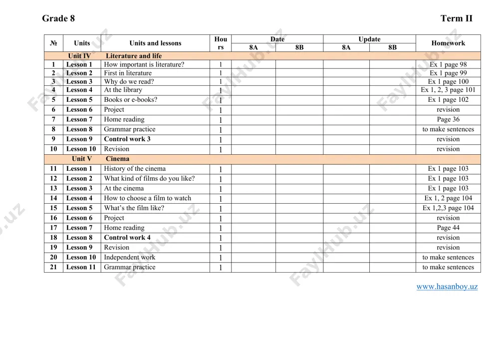 what kind of films do you like? 1 ex 1 page 103 13 lesson 3 at the cinema 1 ex 1 page 103 14 lesson 4 how to choose a film to watch 1 ex 1, 2 page 104 15 lesson 5 what’s the film like? 1 ex 1,2,3 page 104 16 lesson 6 project 1 revision 17 lesson 7 home reading 1 page 44 18 lesson 8 control work 4 1 revision 19 lesson 9 revision 1 revision 20 lesson 10 independent work 1 to make sentences 21 lesson 11 grammar practice 1 to make sentences www.hasanboy.uz grade 8 term iii № units units and lessons hours date update homework 8a 8b 8a 8b unit vi world of music 1 lesson 1 how does music make you feel? 1 ex 1 page 104 2 lesson 2 uzbek national music 1 ex 1,2,3 page 105 3 lesson 3 classical music? …
