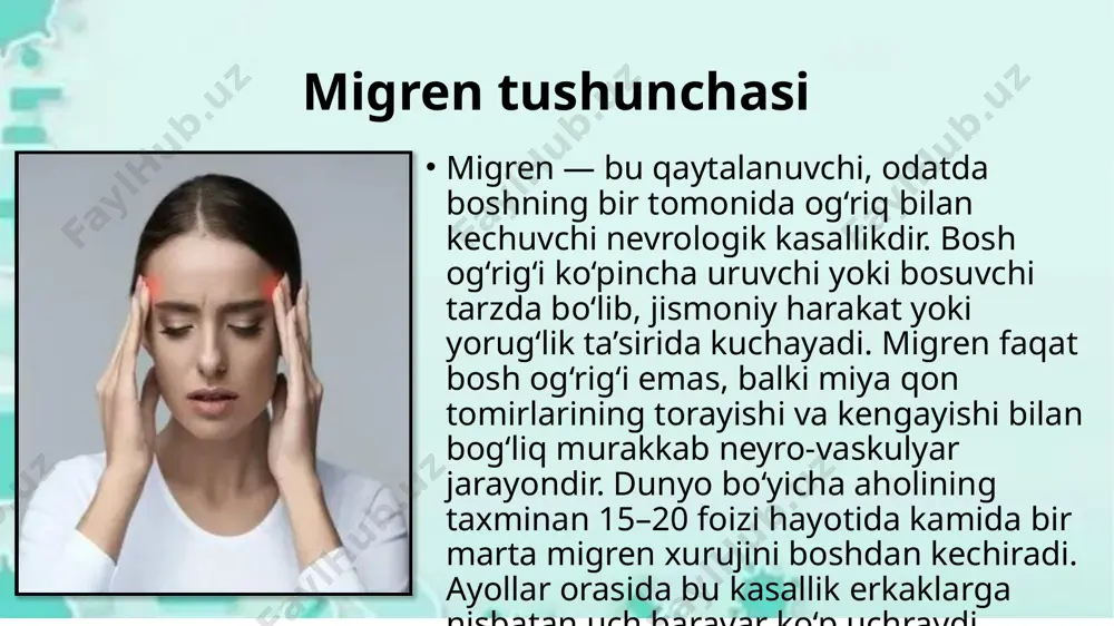 amayadi. spina bifidaning klinik belgilari yengil holatlarda hech qanday belgi bo‘lmasligi mumkin, ammo og‘ir turlarida chaqaloqning bel qismida “xaltacha” yoki shish ko‘rinadi. oyoqlarda kuchsizlik, falaj, siydikni tutib tura olmaslik, axlat chiqarish muammolari kuzatiladi. ba’zi hollarda orqa tomonda terida dog‘, tukli joy yoki chuqurcha bo‘ladi. gidrosefaliya (miya suyuqligi to‘planishi) ko‘p uchraydi. xulosa migren va spina bifida — har ikkisi ham nerv tizimi faoliyatining buzilishi bilan bog‘liq kasalliklardir. migren hayot davomida orttirilgan, spina bifida esa tug‘ma nuqson hisoblanadi. ularni erta aniqlash, profilaktika choralarini ko‘rish va tibbiy yordamni o‘z vaqtida ko‘rsatish inson salomatligi uchun muhim. migrenning oldini olishda sog‘lom turmush tarzi, stressni boshqarish va gormonal muvozanatni saqlash, spina bifida profilaktikasida esa homiladorlikdan oldin folat kislotasi qabul qilish eng samarali choralar hisoblanadi. image1.jpeg image2.jpeg image3.jpeg image4.jpeg image5.jpeg image6.jpeg image7.jpeg image8.jpeg image9.jpeg image10.jpeg image11.jpeg /docprops/thumbnail.jpeg