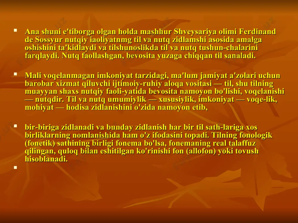 bo'g'in unlisi bittasida a, ik-kinchisida u ekanligi bilan farqlanadi. demak, yuqoridagi ikki so'z birinchi bo'g'indagi unlilar bilan bir-biridan farq qiladi. qolgan tovushlar esa har ikkisida bir xil. zidlanayot-gan ikki birlikni bir-biridan farqlash uchun xizmat qiladigan belgilar farqlovchi belgilar, ularning har ikkisida takror-lanadigan, ikkisi uchun ham umumiy bo'lgan belgilar birlashtiruvchi belgilar sanaladi. masalan, / va d tovushlarini olaylik. birinchi tovush til oldilik, portlovchilik, jarangsizlik belgilariga, ikkinchisi esa til oldilik, portlovchilik, jaranglilik belgilariga ega. bu ikki tovushning yuqoridagi belgilarini bir-biriga qiyoslasak, dastlabki ikki belgi, (til oldilik, portlovchilik belgilari) har ikkisida takrorlanadi. uchinchi belgi (jarangli-jarangsizlik belgisi) bilan esa ular bir-biridan farqlanadi. shunga ko'ra, birinchi va ikkinchi belgilar ular o'rtasidagi birlashtiruvchi belgilar, uchinchi belgi esa farqlovchi belgi hisoblanadi. fonemalarni belgilashda yaqin, o'zaro o'xshash tovush­larni bir-biriga zidlash va ular o'rtasidagi farqlovchi va birlashtiruvchi belgilarni aniqlash katta ahamiyatga ega bo'ladi. tovush va fonema tilshunoslik fanida tovush va fonema tushunchalari bir-biridan farqlanadi. bu farqlanish fan uchun juda …