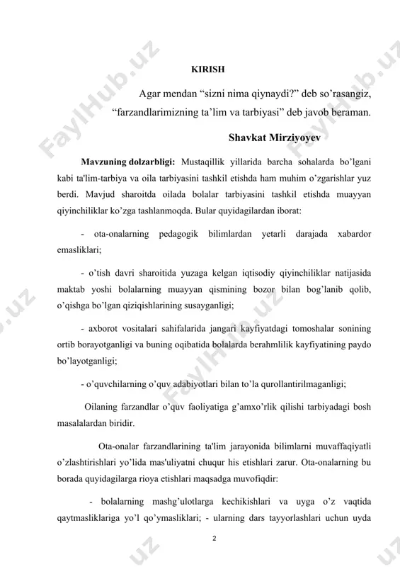 tibor qaratishlari; - bo’sh vaqtdan unumli foydalanishlarini nazorat qilib borishlari. oilada bola tarbiyasiga ijodiy yondashish, bolalarda ijobiy sifatlarni shakllantirishga erishish ularning shaxs sifatida to’laqonli shakllanishlarida muhim ahamiyatga ega. kurs ishining maqsadi: hozirgi vaqtda oilalarda bolalarni tarbiyalash muommolarining o‘ziga xos xususiyatlarini aniqlash va mavzuning dolzarbligini yoritish. kurs ishining obyekti: hozirgi vaqtda oilalarda bolalarni tarbiyalash muommolari va ularni bartaraf etish yo’llari tashkil etish jarayoni. kurs ishining predmeti: hozirgi vaqtda oilalarda bolalarni tarbiyalash muommolari va ularni bartaraf etish yo’llarini tashkil etishning mazmuni, omillari va shakllari. kurs ishining vazifalari: 1.mavzuga oid manbalarni tahlil qilish va umumlashtirish. 2. hozirgi vaqtda oilalarda bolalarni tarbiyalash muommolari jihatlarini aniqlash . 3. hozirgi vaqtda oilalarda bolalarni tarbiyalash muommolari va ularni bartaraf etish yo’llarini o‘rganish. 4. oilada bolalarni milliy iftixor ruxida tarbiyalash yo`llarini tatbiq qilish. kurs ishining tarkibiy tuzilishi va hajmi: kirish, uchta paragraf, xulosa, foydalanilgan adabiyotlar ro’yxatidan iborat. 1. hozirgi vaqtda oilalarda bolalarni tarbiyalash muommolari. ma’lumki, ota-bobolarimiz azal-azaldan inson …
