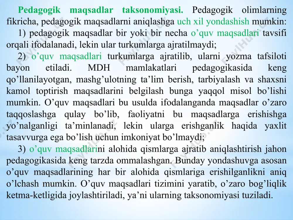 bilish; muayyan bir yoki bir necha muammoni hal qilishda qo’llaniladigan uslublarni bilish; umumiy tushuncha, nazariyalarni bilish; hodisalarni tushuntirish va ularni oldindan ko’ra olish tamoyillarini bilish. 2. tushunish: mazmunni bir til (tizim)dan boshqasiga aylantirish; izohlash; olingan natijalarni yoyish yoki tadbiq etish. 3. qo’llash: uslublar, qoidalar va umumiy tushunchalarni vaziyat va topshiriqlarni hal qilishda qo’llash. 4.tahlil qilish: bir butun narsa(hodisa)ni qismlarga ajratish, bu qismlarning yoyilmasini va ular o’rtasidagi bog’lanishlarni tuzish; qismlarni tahlil qilish; qismlar o’rtasidagi munosabatni tahlil qilish; yaxlitlikni tashkil qilish tamoyillarini bilish. 5. sintez: asar yozish; ish faoliyati rejasini tuzish; berilganlarga asoslanib yaxlit qiyofani yaratish; insho yozish. 6. baholash: ichki mezonlar asosida baholash; tashqi mezonlar asosida baholash. natijasini qat’iy va aniq o’lchash mumkin bo’lgan o’quv maqsadlari indentifikasiyalanuvchi o’quv maqsadlari deb ataladi. o’quv maqsadlari to’la-to’kis aniqlanadigan, o’quv jarayoni esa takrorlanuvchan bo’lishi uchun, bu maqsadlarga erishish mezonini yaratish zarurati tug’iladi. boshqacha aytganda, o’quv maqsadlarini shunday ifodalash kerakki, unga erishganlik haqida fikr yuritish mumkin …