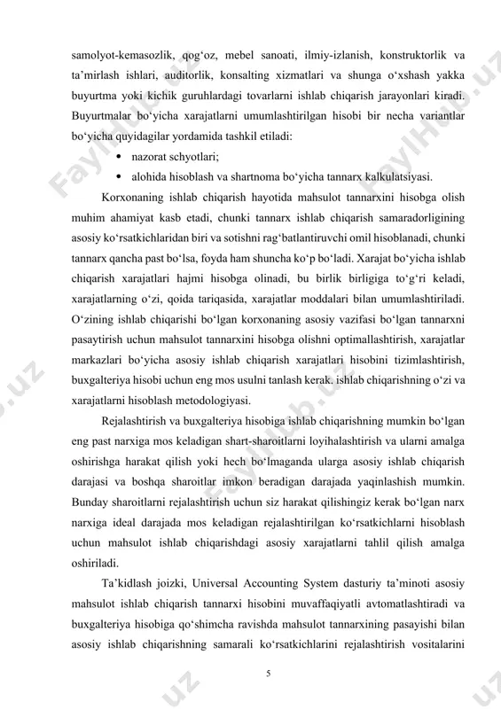 ablarini namoyish etadi va ulardan xalos bo‘lish yo‘lini taklif qiladi, ya’ni haqiqat va reja o‘rtasida mukammal uyg‘unlikka erishishga yordam beradi. asosiy ishlab chiqarish foydani shakllantirishning asosiy manbai hisoblanadi, shuning uchun eng yuqori daromadga ishonish uchun uning mahsuloti eng past narxga ega bo‘lishi kerak. alohida hisoblash - boshqaruv va moliyaviy hisobda hisobotlarni alohida ochishni ko‘zlovchi hisob tizimi bo‘lib, bu holda xarajatlar schyotlariga moliyaviy muomalalar haqida yozuvlar qilinmaydi. bu variant yozuvlarni hisobning ikki turida takrorlashni ko‘zda tutadi. shartnoma bo‘yicha tannarx kalkulatsiyasi- ishlab chiqarilishi uzoq siklli bo‘lgan yirik buyumlarni hisobga olish va kalkulatsiya qilish tizimi hisoblanadi. ishlab chiqaruvchiga qilingan ishlar uchun bosqichlar bo‘yicha oraliq to‘lovlar shartnomada ko‘zda tutilgan to‘lovlar summasi buyurtmachi dalolatnoma bilan tasdiqlangan realizatsiya qilingan ishlar qiymati bilan aniqlanadi. тo‘lovlarning kelib tushishiga qarab mazkur davr uchun foyda hisoblash uchun realizatsiya qilingan mahsulot tannarxiga kiritilishi kerak bo‘lgan xarajatlar aniqlanadi. shu yerda vaqti o‘tmagan xarajatlarning miqdori, ya’ni tugallanmagan va buyurtmachiga topshirilmagan ishlarning tannarxi aniqlanadi. …