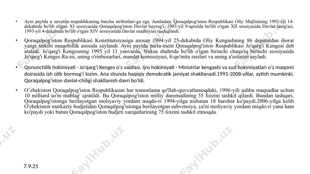 usiylashtirilgan korxonalar va tadbirkorlarni qo'llab-quvvatlash maqsadida 13,8 million so'm kredit ajratdi. dehqonchilikda ekin maydonlarining tarkibi o'zgardi. agar 1991-yilda g'alla maydonlari ekin maydonlarining 27,1 foizini (jum­ladan, bug'doy 1,9) tashkil etgan bo'lsa, 1996-yilning oxirida bu 35,8 foizga u etdi (bug'doy maydonlari 8,3 foiz). qoraqalpog'iston xalqi i. karimovning bmt minbaridan tu-rib dunyo mamlakatlarini orol dengizini saqlab qolishga qarata chaqirig'ini katta qoniqish bilan kutib oldi. uning tashabbusi bilan 1994-yil (14-yanvar) nukusda markaziy osiyoning beshta davlat prezidentlari hamda rossiya federatsiyasining vakillari ishtirokida o'tkazilgan uchrashuvda orolga va orolbo'yi aholisiga amaliy yor­dam berish masalasi muhokama etildi. 1995-yil sentabrda i. karimov tashabbusi bilan nukusda o'tkazilgan xalqaro konferensiya esa tarixiy voqea bo'ldi. bu anjumanning asosiy hujjatlaridan bin - nu-kus deklaratsiyasi boiib, unda butun dunyo jamoatchiligi e'tibori orol muammosiga qaratildi. * adolat va tenglik, ozodlik va erk uchun kurashgan ernazar olako'z, ollayor do'stnazarov singari xalq qahramonlarining - jasoratli, o't yurakli qoraqalpoq farzandlarining orzu-armonlari amalga oshdi.milliy madaniyat va ma'naviyatning qaror topishiga, …