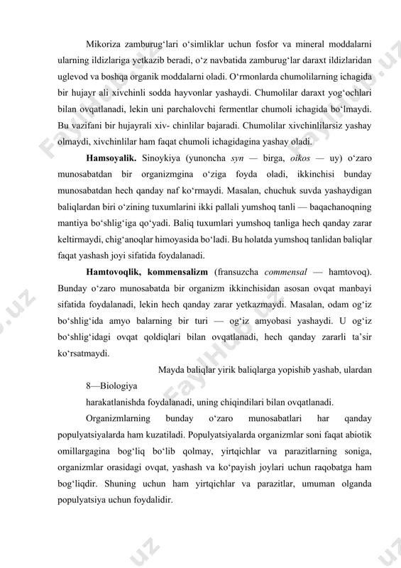 atida o‘txo‘r hayvonlar ko‘payib ketishi ovqat yetishmasligiga olib keladi, ular orasida yuqumli kasalliklar ko‘payib, qirilib ketadi. yirtqichlar va parazitlar populyatsiyani kuchsiz, kasalmand organizmlardan tozalab, uning genofondini yaxshilashga sabab bo‘ladi. adabiyotlar 1. g’afurov a. t. darvinizm toshkent, o’qituvchi1992 yil. 2. воронцов н. п.,сухорукова л.н. эволюционная органического мира. м. просвешение 1991 3. to’raqulov yo. x. malekulyar biologiya. toshkent, o’qituvchi1993 yil 4. иорданскис н. н. эволюция жизни. м.издательский центр “академия” 2001 5. inge-vechtomov s.g. genetika s osnovami selektsii. moskva., «vsshaya shkola», 1989 g. 6. lobashev m.ye., vatti k.v., tixamirova m.m. genetika s osnovami selektsii. moskva, «prosveshenie», 1979 god.