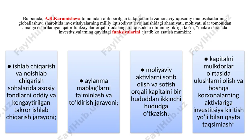 amdagi aholining intelluktual salohiyati; 2. iqtisodiy omillar: - iqtisodiyotning umumiy va barqaror holati; - inflatsiya darajasining bir maromda belgilangan parametrlarda boʻlishi; - valyuta kursining belgilangan me’yorda saqlanib turish; - bojxonadagi imtiyozlar; 3. siyosiy omillar; - siyosiy barqarorlik, ya’ni, har bir mamlakatda hukm surayotgan tinchlik va osoyishtalik darajasi; - xalqaro kelishuvlarga rioya qilish va ularga amal qilish darajasi; - investitsiyalarga nisbatan davlatning investitsion siyosati; - davlatning turli xalqaro birjalarda ishtirok etishi va bitimlarga ega boʻlishlilik darajasi. investitsion resurslarga quyidagilar kiradi: - pul hamda boshqa moliyaviy mablagʻlar, shu jumladan, kreditlar, paylar, aksiyalar va boshqa qimmatli qogʻozlar; - koʻchar va koʻchmas mol-mulk (binolar, inshootlar, uskunalar va boshqa moddiy qimmatliklar) hamda ularga boʻlgan huquqlar; - yerga va boshqa tabiiy resurslarga, binolarga inshootlarga uskunalarga egalik qilish va ulardan foydalanish huquqi, shuningdek mulk huquqidan kelib chiquvchi boshqa ashyoviy huquqlar iqtisodiyotni modernizasiyalash sharoitida mahalliy xom ashyo resurslarini chuqur qayta ishlashni ta’minlab beruvchi yuqori texnologik tarmoqlarni yaratishga yo‘naltirilgan …