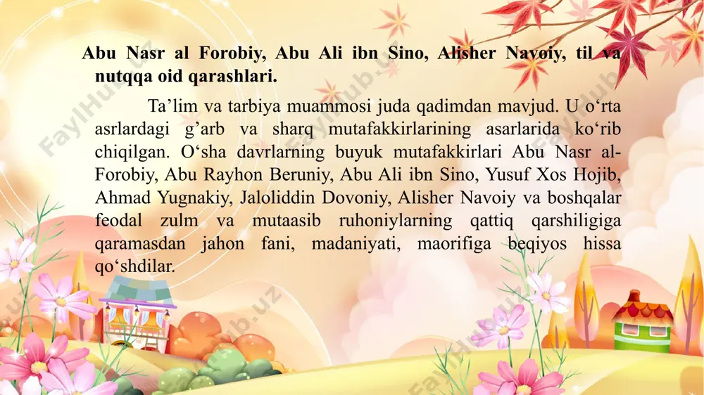 blanadi. uning pedagogik tizimi o‘sib kelayotgan avlodni insoniylik, tinchliksevarlik, tenglik va birodarlik ruhida tarbiyalash g’oyalari bilan yo‘g’rilgan. yan komenskiyning pedagogik merosi ulkan va ko‘p qirralidir. olimning chop etilgan falsafiy va pedagogik asarlari uning tarixiy ahamiyatini belgilab berdi. «onalar maktabi»da qayd etilgan bolani dastlab oilada tarbiyalash va rivojlantirish g’oyalari bugungi kunda ham o‘z dolzarbligini yo‘qotmagan. k.d.ushinskiy bolalarga ona tilini birlamchi o‘rgatish asoschisi. rus pedagogi k.d.ushinskiy (1824-1870) rus burjua-demokratik pedagogikasi, xususan, maktabgacha pedagogikaning asoschisi hisoblanadi. u bolalarni maktabgacha tarbiyalash nazariyasi va amaliyoti masalalarini boshlang’ich ta’lim muammosi bilan bog’lagan. ushinskiy pedagogika tizimining asosiy yetakchi g’oyasi xalqona tarbiya g’oyasi hisoblanadi, bunda u har bir xalqning u yashaydigan va mehnat qiladigan tarixiy, tabiiy shart-sharoitlari bilan bog’liq bo‘lgan o‘ziga xosligini tushunadi. ushinskiy ona tili - xalqonalikning eng yaxshi ifodasi deb tan olgan hamda ta’lim va tarbiya ishida ona tili asosiy o‘rinni egallashi lozim, deb hisoblagan. k.d.ushinskiy ona tilini birlamchi o‘qitishning uchta asosiy maqsadlarini shakllantirgan: 1.so‘z imkoniyatlarini …