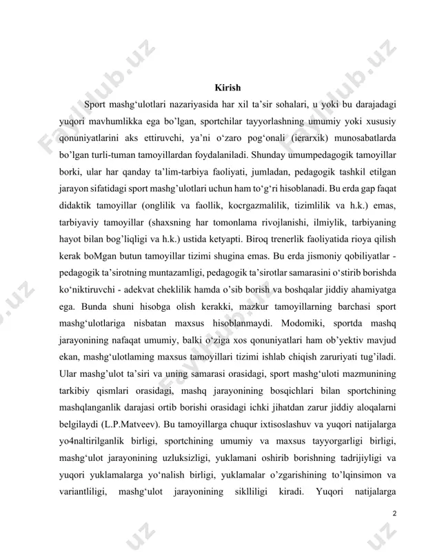 orasidagi, mashq jarayonining bosqichlari bilan sportchining mashqlanganlik darajasi ortib borishi orasidagi ichki jihatdan zarur jiddiy aloqalarni belgilaydi (l.p.matveev). bu tamoyillarga chuqur ixtisoslashuv va yuqori natijalarga yo4naltirilganlik birligi, sportchining umumiy va maxsus tayyorgarligi birligi, mashg‘ulot jarayonining uzluksizligi, yuklamani oshirib borishning tadrijiyligi va yuqori yuklamalarga yo‘nalish birligi, yuklamalar o’zgarishining to’lqinsimon va variantliligi, mashg‘ulot jarayonining siklliligi kiradi. yuqori natijalarga yo‘naltirilganlik tamoyili ko‘p yillik mashg‘ulotlaming har bir bosqichida sportchi tayyorgarligiga qo‘yiladigan o‘sib boruvchi talablarda ifodalanadi. yuqori sport natijalariga erishishga ruhiy hozirlikni shakllantirish quyidagi omillar ta’sirida amalga oshiriladi: 1) sportdagi yuqori natijalarning ijtimoiy ahamiyati; 2) sport bilan shug‘ullanishning shaxsiy (ichki ehtiyoj, xohish) asoslari (sport ustasi me’yorini bajarish, mamlakat, jahon, olimpiada o’yinlari chempioni bo’lish); 3) yangi muvaffaqiyatga erishish yo’lida sportchi va trenerning ijodiy faolligi (yangi texnika, taktika, mashg’ulotning samarali vosita va usullarini izlash); 4) mazkur mamlakatda sport harakatining rivojlanish va tashkil etilish darajasi (musobaqa o’tkazish, sportdagi yutuqlar uchun ragbatlantirish - sport razryadi berish tizimi, yirik sport …