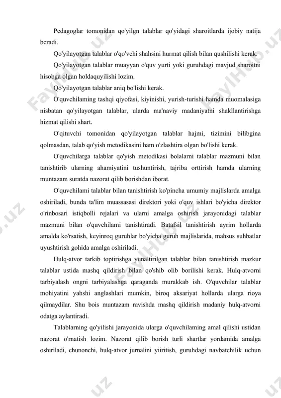 orat qilib borish turli shartlar yordamida amalga oshiriladi, chunonchi, hulq-atvor jurnalini yiiritish, guruhdagi navbatchilik uchun stendda baholarni qayd etib borish va boshqalar. nazorat haqqoniy va muntazam bo'lish kerak. uning natijalaridan o'quvchilami ogoh etib borish lozim. a) jamoani uyushtirish va jinslashtirish. unda faolni tarbiyalash bilan chambarchas bog'liq. harb bir pedagogning jamoani shakllantirish borasidagi harakati jamoaning tayanch yadrosini tanlashdan boshlanadi. jamoa faolini shakllantirish jamoaning u yoki bu faoliyatga nisbatan ehtiyoji mazmunidan kelib chiqadi. ishonchli. ishchan jamoa faolini yaratish uchun o'qituvchi o'quvchilar faoliyatini, ularning jamoa ishlari ishtiroki, hulq-atvorini kuzatib borishi har bir o'quvchining ijtim'oiy faoliyatni tashkil etish layoqatini aniqlashi zarur. jamoa faolini shakllanlirishda o'quvchilarnint jamoadagi obro'sini ham inobatga olish lozim. jamoa faoli tarkibini bolalarning o'zlari, albatta, pedagog ishtirokida va rahbarligida tanlasa, maqsadga nuivofiq bo'ladi. pedagog jamoa faoli bilan maslahatlashishni tashkil etadi. jamoa faolining har bir a'zosi zimmasiga muayyan vazifa yuklash, ma'lum davrda ana-shu vazifalar yuzasidan hisobot berib borishlariga erishish lozim. pedagog aynan shu …