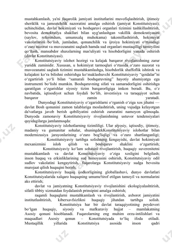 yilgi konstitutsiyasi ham davlatimizning hozirgi zamon maqomiga, alalxusus, shaxs bilan davlat va jamiyat o‘rtasidagi o‘zaro munosabatlarning xalqaro huquq talab va me'yorlariga javob bermay qo‘ygan edi. shuning uchun ham 1990 yilning iyunida respublika oliy kengashining ikkinchi sessiyasida yangi asosiy qonun loyihasini tayyorlash uchun 64 kishidan iborat konstitutsiyaviy komissiya tuzildi. bir yarim yil mobaynida bu loyiha ustida ishlar olib borildi. 1992 yil 8 dekabrda oliy kengashning o‘n ikkinchi chaqiriq 11-sessiyasida mustaqil o‘zbekiston respublikasining konstitutsiyasi qabul qilindi. konstitutsiya 6 bo‘lim, 26 bob va 128 moddadan iborat qilib belgilandi. o‘tgan davr mobaynida mamlakatimiz parlamenti konstitutsiya normalariga muvofiq 750 dan ortiq qonunlarni qabul qildi, 200 dan ortiq ko‘p tomonlama xalqaro shartnomani ratifikasiya qildi va shu tariqa asosiy qonunimizni amalga oshirishning yaxlit huquqiy mexanizmi yaratildi. o‘zbekiston respublikasida konstitusiyaviy islohotlar tushunchasi, zarurati va ahamiyati bugungi kunda dunyoda 500 dan ortiq amaldagi konstitutsiya bo‘lib, ulardan 200 ga yaqini mustaqil davlatlar, 300 dan ortig‘i federasiyalar subyektlariga tegishli. shu bilan …