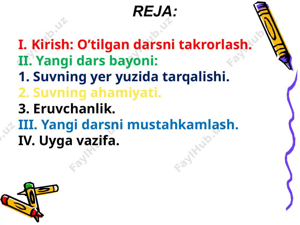 ngan eritmasi bug‘latilsa, idish tubida qancha qand qoladi? 2. kcl ning 10ºc dagi to‘yingan eritmasini qanday yo‘llar bilan to‘yinmagan eritmaga aylantirish mumkin? 3. natriy nitritning 10ºc dagi eruvchanligi 80,5 g ga teng. shu haroratda 500 g suvda qancha natriy nitrit erishi mumkin? krassvordni 1.vodorod molekulasi nechta atomdan iborat. 2.vodorod izotoplaridan biri 3.suv 00c da qanday holatga o`tadi 4.suvning agregat holati. 5.kelajak yonilg`isi. k i m y o test savollari 1.suv molekulasi massasini aniqlang? a)18 g/mol b)36 g/mol c)6.02*1023 d)22.4 litr 2.suv molekulasida kislorod atomlari va vodorod atomlari orasidagi burchak. a)109.30 b) 104.30 c) 109.90 d) 102.30 3.2 mol suvning molyar massasi nechga teng? a)18 g/mol b)36 g/mol c)6.02*1023 d)22.4 litr 4.suvning maksimal zichligi nechaga teng? a)1 g/mol b)36 g/mol c)1g/ml d)18 g/ml 5.suv necha 0c da muzlaydi? a) 1000c b) 10000c c)18 0c d)0 0c 6.suv necha 0c da qaynaydi? 1000c b) 10000c c)18 0c d)0 0c 7.quyidagi moddalardan kristallogidratni …