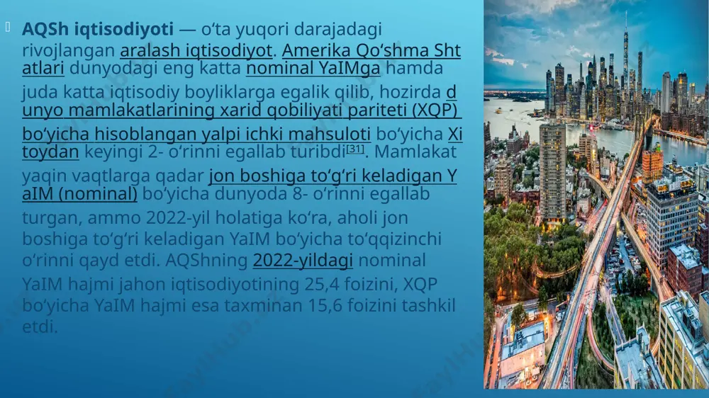 munosabatlarini oʻrnatgan. mamlakat, shuningdek, muzokaralar olib borilayotgan bir qator boshqa davlatlar bilan ham erkin savdo aloqalariga ega[ qoʻshma shtatlarida bank ishi 1780-yillarda mamlakat tashkil topishi bilan boshlangan va bank va moliyaviy xizmatlarning yuqori taʼsirli va murakkab tizimiga aylandi. u nyu-york shahri va uoll-stritda joylashgan boʻlib, turli xil moliyaviy xizmatlarga, xususan, xususiy bank, aktivlarni boshqarish va depozit xavfsizligiga qaratilgan. bank sanoatining boshlanishi 1780-yilda pensilvaniya banki amerika inqilobiy urushini moliyalashtirish uchun tashkil etilganida kuzatilishi mumkin. oʻn uchta koloniyadagi savdogarlar ayirboshlash vositasi sifatida valyutaga muhtoj boʻlgandan soʻng, yanada rivojlangan moliyaviy operatsiyalarni osonlashtirish uchun shimoliy amerika banki ochildi. 2018-yil holatiga koʻra, qoʻshma shtatlardagi eng yirik banklar jpmorgan chase, bank of america, wells fargo, citigroup va goldman sachs edi. hisob-kitoblarga koʻra, bank aktivlari aqsh iqtisodiyotining 56 foiziga teng edi. 2021-yil 8-sentyabr holatiga koʻra, aqshda 4951 ta tijorat banki va jamgʻarma muassasasi mavjud. qoʻshma shtatlarda bank olishi mumkin boʻlgan turli tasniflar va nizomlar mavjud va ularning …