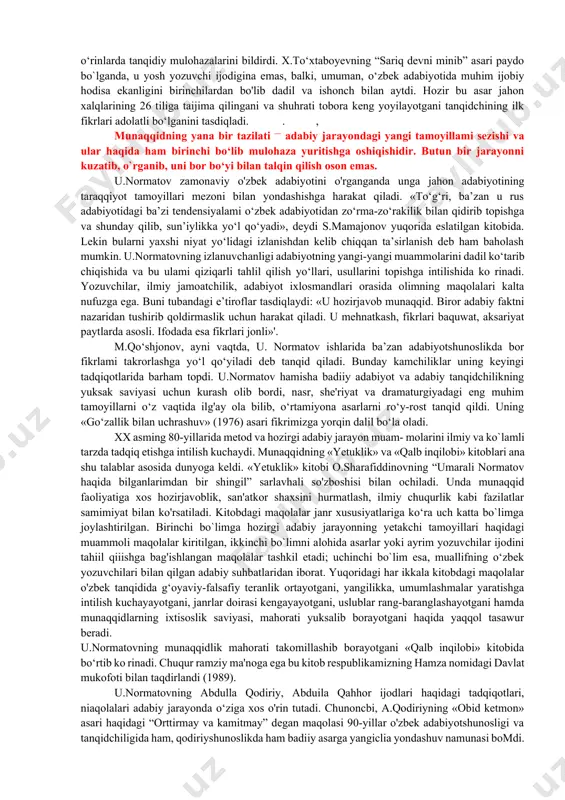 'dodli o'zbek yozuvchiiari bilan ijod va mahorat sirlari haqida bevosita muloqoti, bahs-suhbati negiziga qurilgan. tanqidchining a.muxtor, o.yoqubov, p.qodirov, mirmuhsin, said ahmad, h.g‘ulom, x.to‘xtaboyev, erkin vohidov, o‘.hoshimov, u.hamdam, h.boltaboyev, e.ochilovlar bilan suhbatlarida ijodkor olamiga, laboratoriyasiga chuqur kirib boriladi, ular qalbidagi ijodiy dardlar ochiladi, tajribalar umumlashtiriladi va o‘quvchilar uchun ibratli xulosalar chiqariladi. tanqidchi va yozuvchi bahsida, san'atkorlaming ma'naviy olami, badiiy adabiyotning ijtimoiy burchi, hayot bilan aloqasi kabi muhim muammolar yoritiladi. suhbatlar asosida yuzaga kelgan «talant tarbiyasi» o‘zbek tanqidchiligida nashr etilgan badiiy mahoratga doir kitoblaming birontasiga ham o‘xshamaydi: unda tanqidchi ijod, mahorat sirlari haqida bevosita ijodkorlaming 0‘zlari - turli avlodga mansub yozuvchilar bilan suhbat olib boradi. ayni paytda, kitobda yosh, iste'dodlar tarbiyasi, ijodi, umuman, hozirgi adabiyjarayon bilan bog‘liq muhim masalalar tahlil etiladi. o‘zbekiston xalq shoiri erkin vohidov bilan olib borilgan suhbat mavzusi «talant tarbiyasi» haqida. tanqidchi suhbatlarining aksariyatini mana shu muammolar birlashtirib turadi. kitobning mantiqan «talant tarbiyasi» deb nomlanishi ham shundan. tanqidchini, awalo, …