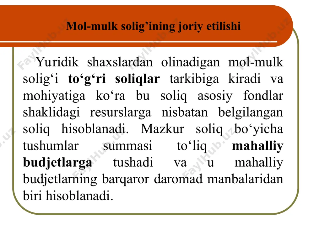 iriladigan asbob-uskunalar kiradi). mol-mulk solig‘i solinadigan baza soliq solinadigan baza quyidagilardir: -asosiy vositalar bo'yicha - asosiy vositalarning o'rtacha yillik qoldiq qiymati. asosiy vositalarning qoldiq qiymati ushbu mol-mulkning boshlang'ich (tiklanish) qiymati bilan amortizatsiya hajmi o'rtasidagi farq sifatida aniqlanadi. -normativ (belgilangan) muddatda tugallanmagan qurilish ob'ektlari va ishga tushirilmagan asbob-uskunalar bo'yicha — tugallanmagan qurilishning va o'rnatilmagan asbob-uskunalarning o'rtacha yillik qiymati. o'zbekiston respublikasi norezidentlarining ko'chmas mulk ob'ektlariga nisbatan ushbu mol-mulkning o'rtacha yillik qiymati soliq solinadigan bazadir. soliq solinadigan bazani belgilash tartibi soliq solish ob'ektlarining o'rtacha yillik qoldiq qiymati (o'rtacha yillik qiymat) soliq davridagi har bir oyning oxirgi kunidagi holatga ko'ra soliq solish ob'ektlarining qoldiq qiymatlarini (o'rtacha yillik qiymatlarini) qo'shishdan olingan summaning o'n ikkidan bir qismi sifatida ortib boruvchi yakun bilan aniqlanadi. o'rtacha yillik qoldiq qiymati 31 yanvar + 28 (29) fevral + … + 30 noyabr + 31 dekabr = ------------------------------------------------------------------------ 12 soliq solinadigan bazani belgilash tartibi o'zbekiston respublikasi norezidentlarining ko'chmas mulk ob'ektlari bo'yicha …