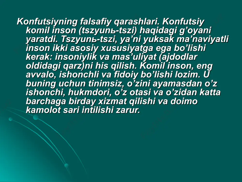 ir masala yuzasidan o’z xulosalarini ham berib bayon qilar edilar. mana shu narsa konfutsiychilikning muvaffaqiyatga erishishiga sabab bo’ldi. undan tashqari uning muvaffaqiyatiga sabab bo’lgan omillardan yana biri konfutsiychilarning o’zlari foydalangan qadimgi kitoblar, she’rlar, risolalarni yig’ib o’quvchilariga o’rgatganliklaridir. bu ishning asosiy qismi konfutsiyning o’zi tomonidan bajarilgan edi. u turli podshohliklarda mavjud bo’lgan uch mingdan ortiq qadimiy qo’shiqlar, yozuvlarni jamlab, ularni qayta tahrir qilgan edi. konfutsiy va uning shogirdlari tomonidan tahrir qilingan asarlar keyinchalik konfutsiychilikning asosiy manbalariga aylandi. mil. av. iv-iii asrlarga kelib konfutsiy ta’limoti ancha keng tarqaldi va katta ta’sir doirasiga ega bo’ldi. xanь sulolasi davriga kelib (mil. av. iii-ii asrlar) konfutsiychilik davlat mafkurasi darajasiga ko’tarildi. xanь podshohlari konfutsiy ta’limotlarini to’liq qabul qilmagan bo’lsalar-da, uning kuchini, jamiyatda egallab ulgurgan mavqeini e’tirof qilgan holda undan davlat boshqaruvida foydalandilar konfutsiy nomining ilohiylashtirilishi. konfutsiy o’zi yashab ijod etgan joy – tsuyfuda vafot etgandan keyin uning qabri yaqinida bir ibodatxona qurdilar. ibodatxonaga konfutsiyning shogirdlari va …
