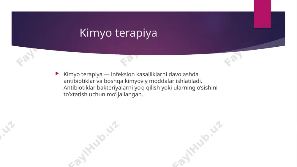 hliklarda: infektsiya xavfini kamaytirish uchun profilaktik ravishda ishlatiladi. asoratlari allergik reaktsiyalar (masalan, anafilaktik shok). ichak florasining buzilishi. bakteriyalarning antibiotiklarga chidamliligini oshirish. beta-laktam antibiotiklar samarali va keng qo’llaniladigan dori vositalaridir, lekin ularni faqat shifokor tavsiyasiga muvofiq ishlatish kerak. makrolid antibiotiklar — bakteriyal infeksiyalarni davolashda qo’llaniladigan keng spektrli antibiotiklar guruhidir. ular bakteriyalarning protein sintezini to’xtatib, ularning o’sishini toʻxtatadi. asosiy vakillari 1. erythromycin 2. azithromycin 3. clarithromycin xususiyatlari spektr: makrolid antibiotiklar gram-pozitiv bakteriyalar (masalan, streptococcus) va ayrim gram-negativ bakteriyalarga (masalan, haemophilus influenzae) qarshi samarali. bioavailability: ularning ko’p qismi organizmda yaxshi so’riladi va to’liq ta’sir ko’rsatadi. yakuniy ta’sir: ular bakteriyalarni yo’q qilishdan ko’ra ularning o’sishini to’xtatadi (bakteriostatik ta’sir). qo’llanilishi infektsiyalar: o’pkalar, teri, yumshoq to’qimalar, va qizil yo’tal kabi kasalliklarni davolashda. profilaktika: ba’zi hollarda, masalan, jarrohlikdan oldin yoki yuqori xavfli infektsiyalarni oldini olishda. asoratlari allergik reaktsiyalar (masalan, toshma). ichak florasining buzilishi, qorin og’rig’i. uzun muddatli qo’llanilganda yurak ritmini o’zgartirishi mumkin. e’tibor makrolid antibiotiklar, ayniqsa, yuqori …