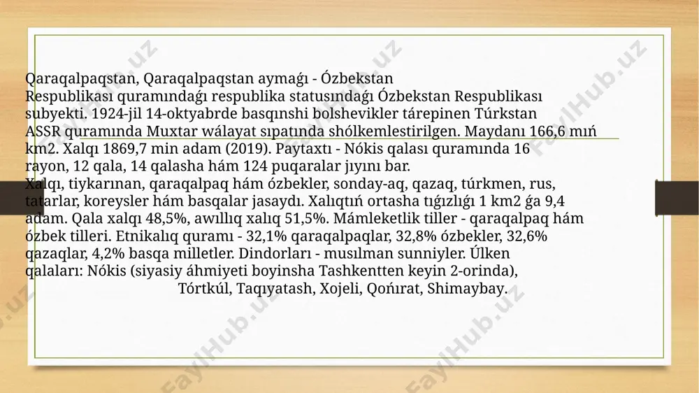 ellyuloza-qaǵaz; un-jarma hám aralas jem; poligrafiya sanaatları. qaraqalpaqstan respublikası joqarǵı keńesiniń gezeksiz sessiyasında aymaqtıń sociallıq-ekonomikalıq rawajlandırıw máselelerine ayrıqsha itibar qaratıldı.prezident shavkat mirziyoev murat kamalovanı joqarǵı keńes baslıǵına saylanǵanı menen qutlıqlap juwapkershilikli wazıypada tabıslar tiledi.májilisteqaraqalpaqstanrawajlandırıw boyınsha kelesi 3 jılǵa mólsherlengen on ústin baǵdar belgilendi, hár biri boyınsha tiyisli kórsetpeler berildi. qaraqalpaqstan - parlament basqarıw formasına iye bolgan ózbekstan respublikası quramındaǵı aymaq. nızam shıǵarıwshı joqarı mámleketlik wákillikli uyım -kóp partiyalılıq tiykarında 5 jıl múddetke saylanǵan deputatlardan ibarat qaraqalpaqstan aymaǵı joqarǵı keńesi (qr jk). qaraqalpaqstan aymaǵı joqarǵı keńes baslıǵı respublika basshısı esaplanıp, ol joqarǵı keńes deputatları arasınan 5 jıl múddetke saylanadı (tek izbe-iz 2 múddetten aspaydı).ol bir waqıttıń ózinde ózbekstan respublikası oliy majlis senatı baslıǵınıń orınbasarı da.mámleket hákimiyatınıń joqarı atqarıwshı-basqarıwshı uyımı qaraqalpaqstan respublikası ministrler keńesi, yaǵnıy qaraqalpaqstan respublikası húkimeti esaplanadı. qaraqalpaqstanda ózbekstan respublikası konstituciyası menen bir waqıtta qaraqalpaqstan joqarı keńesiniń 1993-jıl 9-apreldegi 12-sessiyasında qabıl etilgen qaraqalpaqstan aymaǵı konstituciyasına ámel etiledi. prezident shavkat mirziyoev …