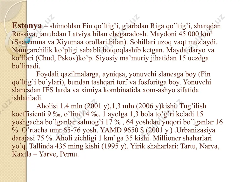 ortlari: tallin, pernu. tashqi savdosi asosan rossiya va horijiy yevropa davlatlariga to’g’ri keladi. pul birlig – eston kronasi. eksporti: baliq, radiotexnika, priborlar, qog’oz. importi: tabiiy gaz, neft mahsulotlari, g’alla, metallar, mashinalar. latviya – g’arbdan boltiq dengizi (riga qo’ltig’i), sharqdan rossiya, shimoldan estoniya, janubdan litva va belorus bilan chegaradosh. maydoni 64,6 ming km2 iqtisodiy geografik o’rni qulay. oblastlarga bo’linmagan. siyosiy adminstrasiyaga bo’lingan: 26 uezd va 6 respublika shaharlari. hududidan daugava (g’arbiy dvina) daryosi oqib o’tadi. daryoga 3 ta yirik ges qurilgan. foydali qazilmalardan torf katta ahamiyatga ega. o’rmonga boy. aholisi 2,7 mln kishi, 2,4 mln kishi (2003 y),2,3mln kishi (2006 y). tug’ilish koeffisienti 9‰, o’lim 14‰. 1ayolga 1,2 bola to’g’ri keladi. 15 yoshgacha bo’lganlar salmog’i 17 %, 64 yoshdan yuqori bo’lganlar 15 %. o’rtacha umr 65-76 yosh. yamd 7760 $ (2001 y). urbanizasiya darajasi 70%. aholi zichligi 1 km2 ga 41 kishi. eng yirik shahari riga (827000-96 y), daugavapilis, liepaya, elgava, …